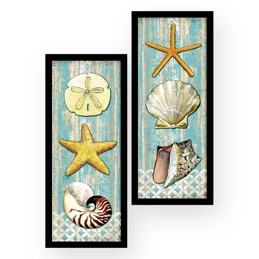 Kit 2 Quadros Decorativos 19x45 cm com Moldura Conchas - Estilo Praia para Ambientes Leves