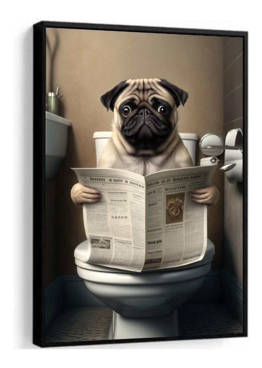 Quadro Decorativo Moderno Pug Lendo Jornal - 33x43cm com Moldura de Madeira