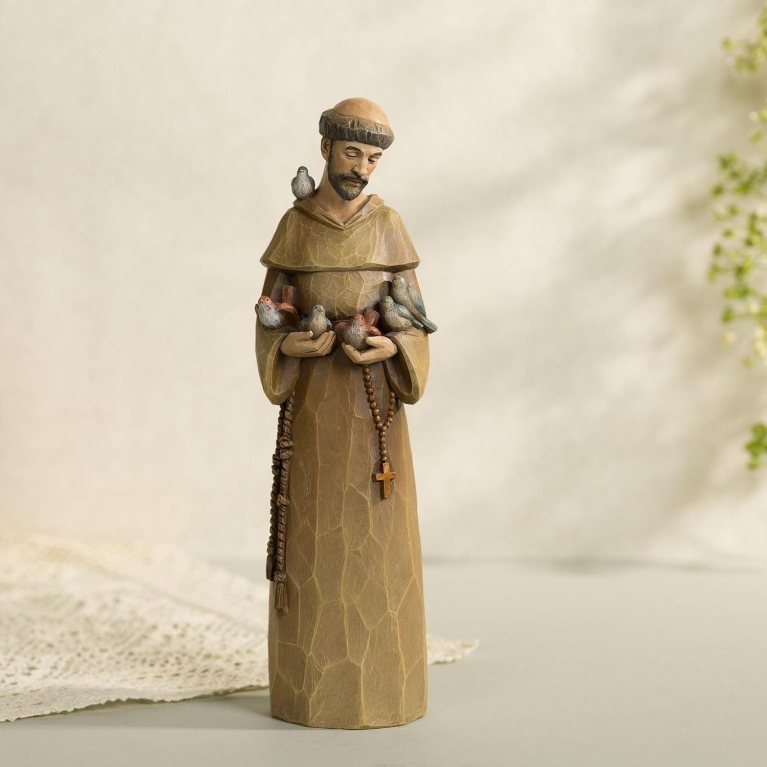 Estátua de São Francisco com Pássaros 30,5 cm - Escultura em Resina com Detalhes Pintados à Mão