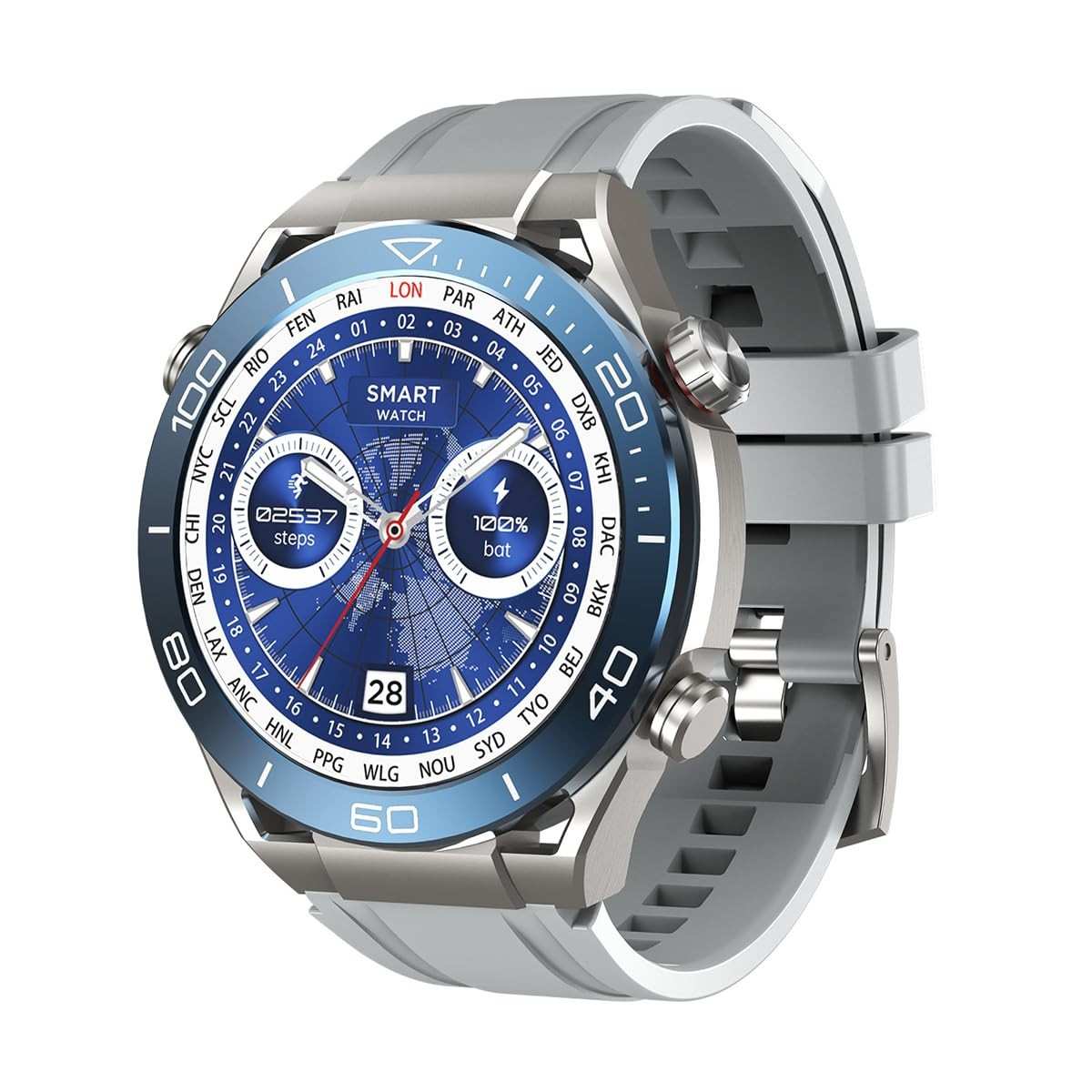 Smartwatch Basike W79 Pro Max 47mm: NFC, Bateria 2 Semanas, Esportivo e Elegante (Prata/Azul)