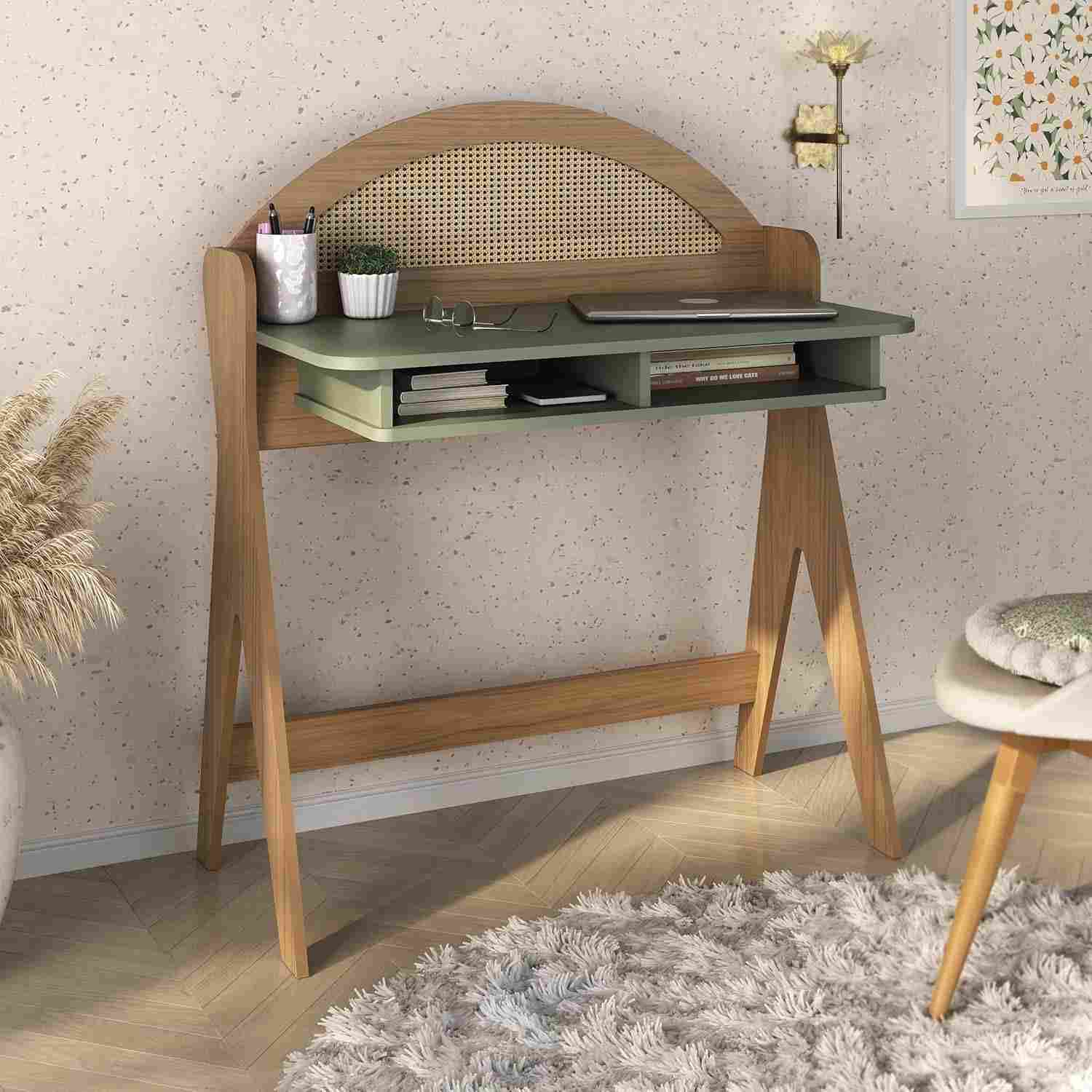 Escrivaninha com Nichos Carvalho/Menta - Design Moderno em MDF com Impressão Palha 3D