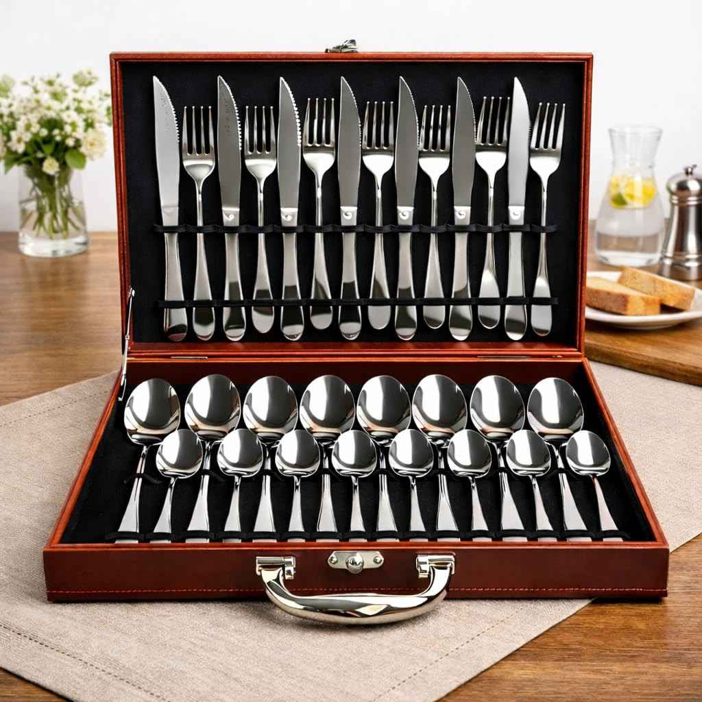 Conjunto 24 Peças Talheres Inox com Maleta Marrom – Elegância e Organização na Mesa