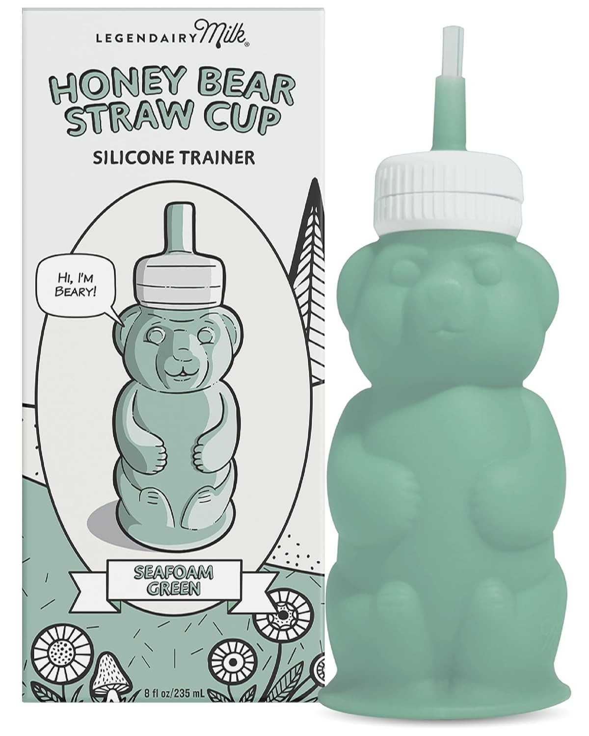 Legendairy Milk Copo de Canudo de Silicone Honey Bear para Bebês (Verde) - 227g | Lavável na Máquina e Seguro para Crianças