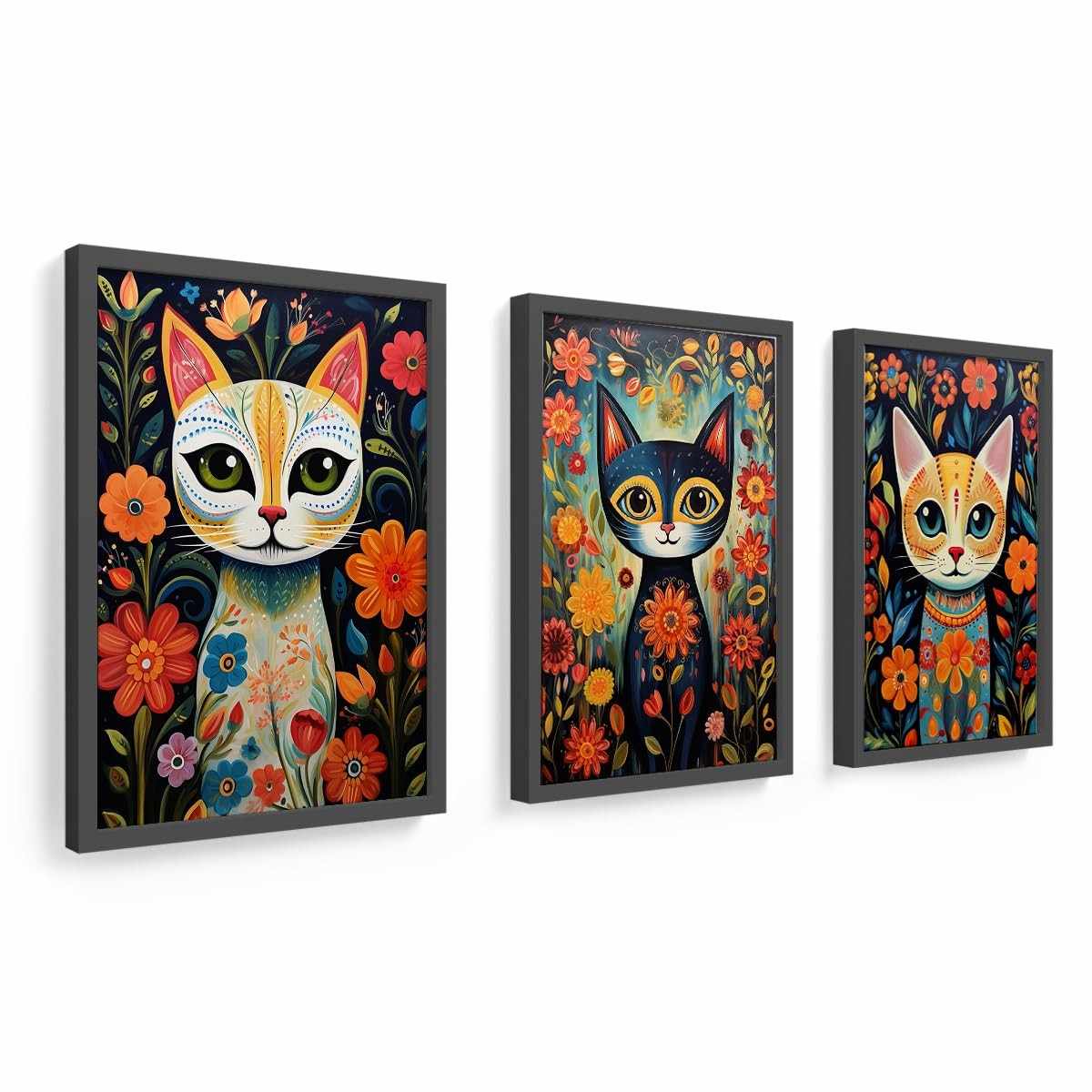 Trio de Quadros 18x24 cm com Moldura em Madeira - Arte Folk Mexicana de Gatos e Flores
