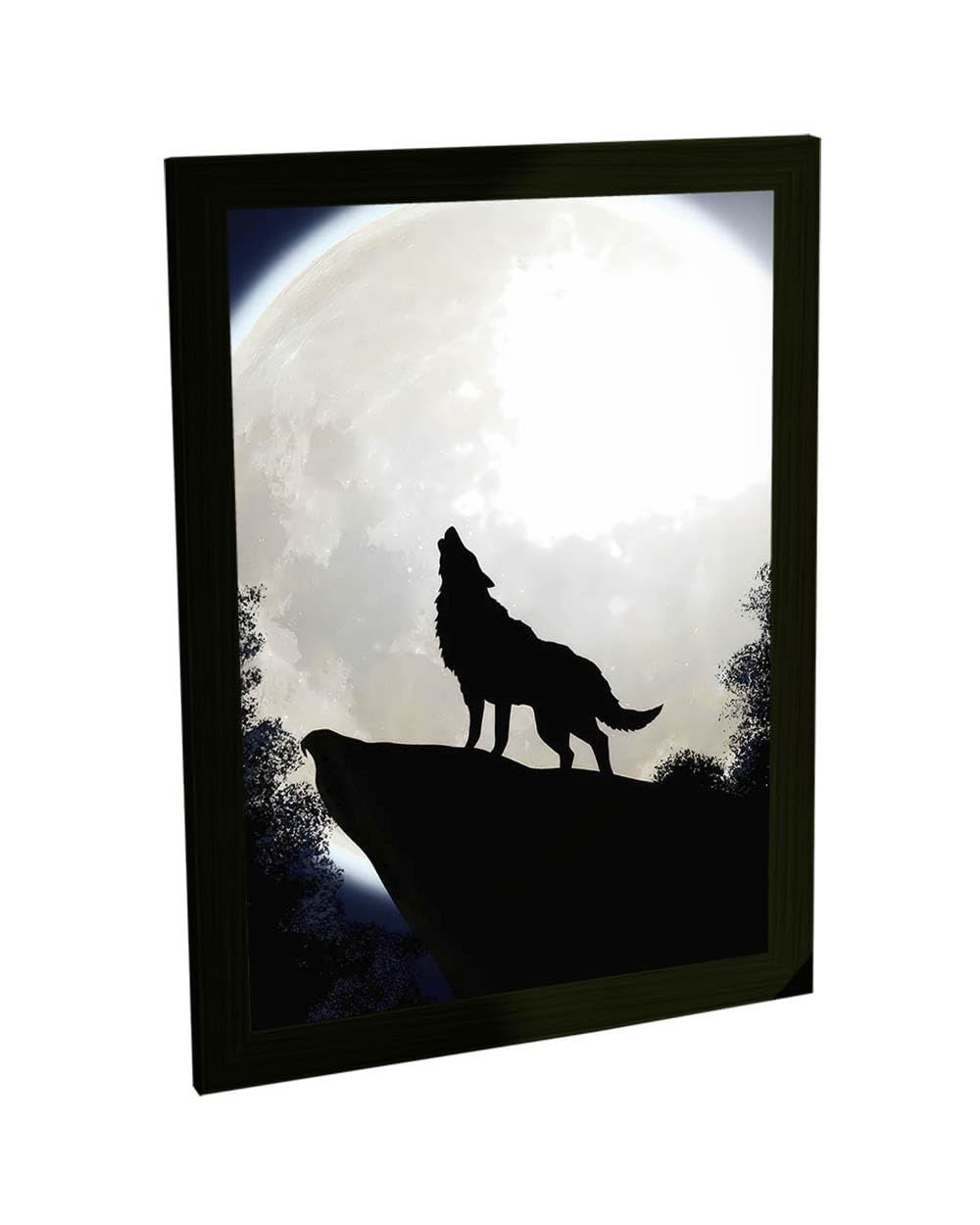 Quadro Decorativo A3 Lobo Uivando na Lua Cheia - Moldura Moderna com Grampos Flexíveis
