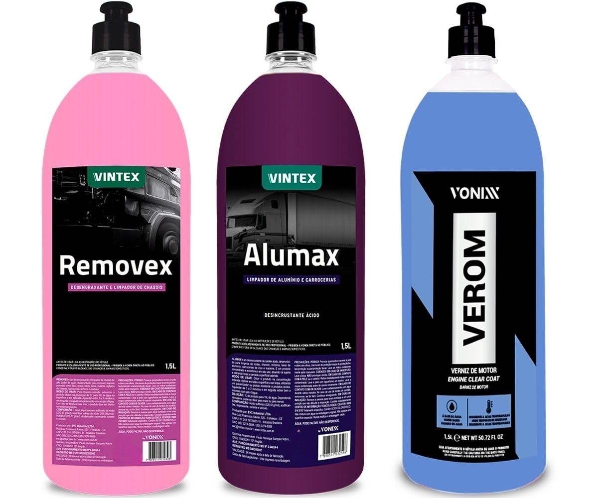 Kit Completo Vonixx: Removex Limpador Motor, Alumax Limpa Rodas e Verom Verniz Motor
