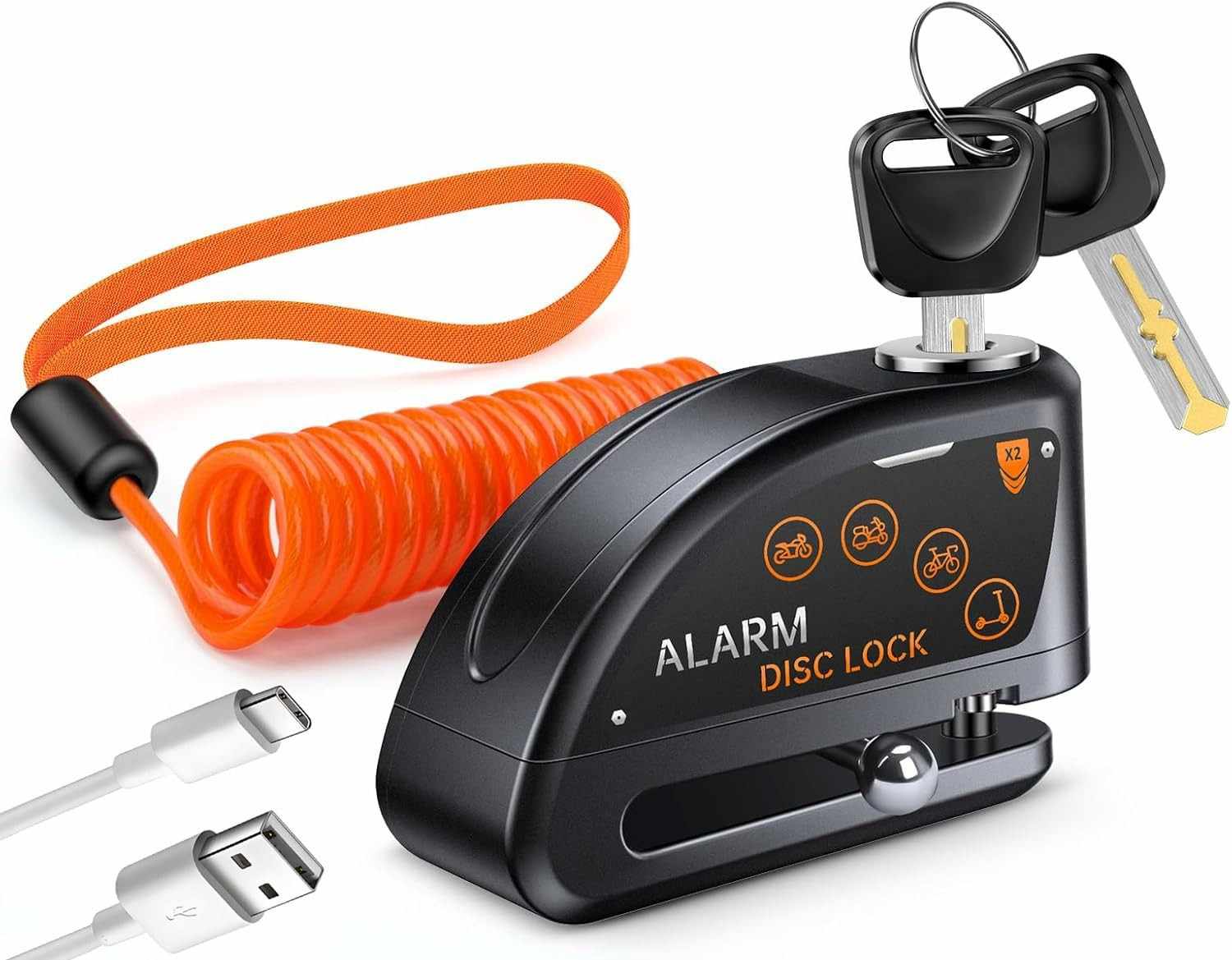 Trava de Disco Moto/Scooter com Alarme 120dB Antirroubo Recarregável - Segurança Máxima!