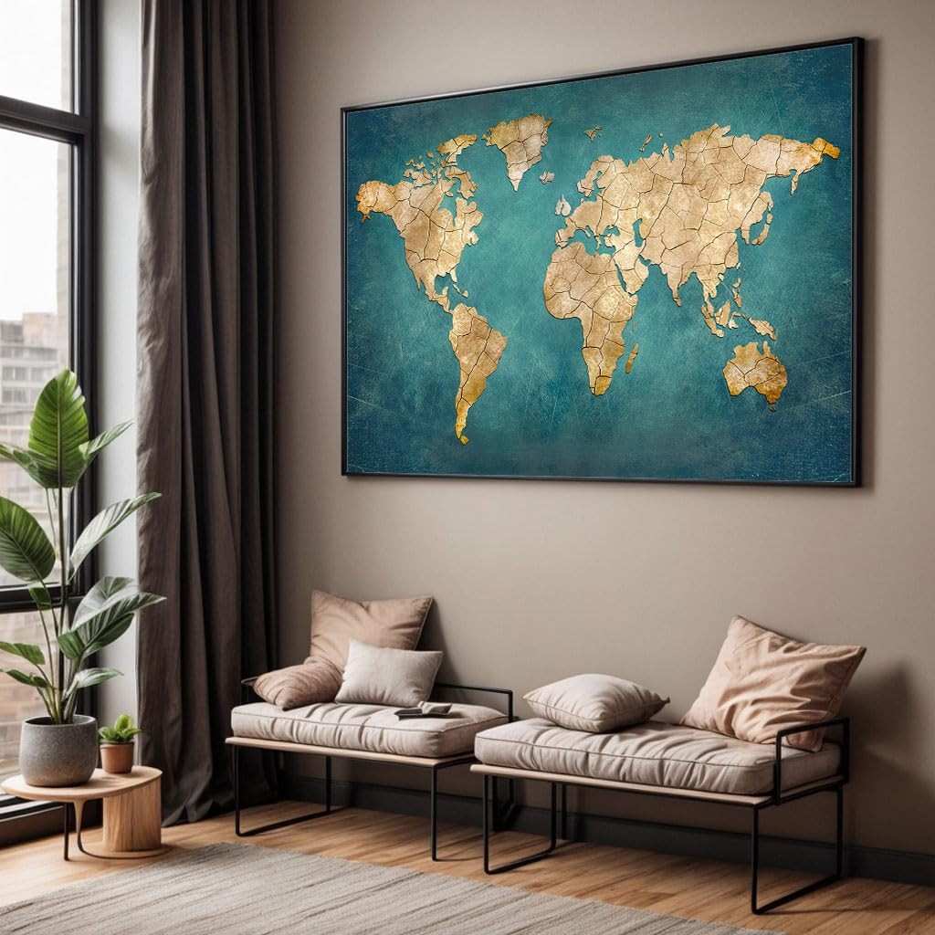 Quadro Mapa Mundi Verde com Moldura - Decoração Moderna para Sala e Quarto