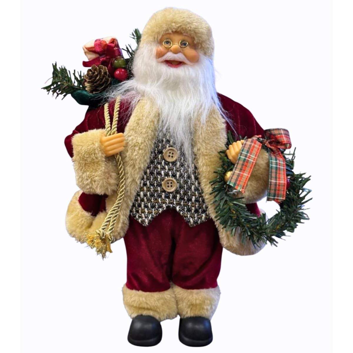 Papai Noel 30cm Colete Tweed Enfeite Natalino Premium com Guirlanda