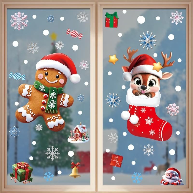 Adesivos 4D Natalinos para Decoração de Janela - Floco de Neve, Boneco de Neve e Papai Noel