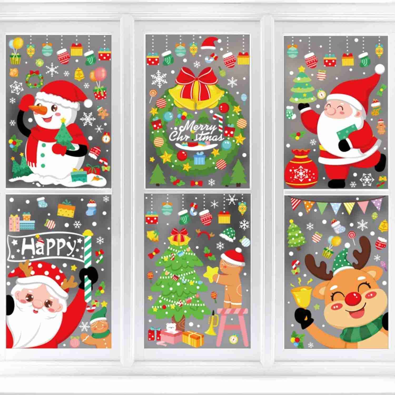 Decorações Adesivas de Natal Reutilizáveis - 6 Folhas com Papai Noel, Boneco de Neve, Rena e Árvore