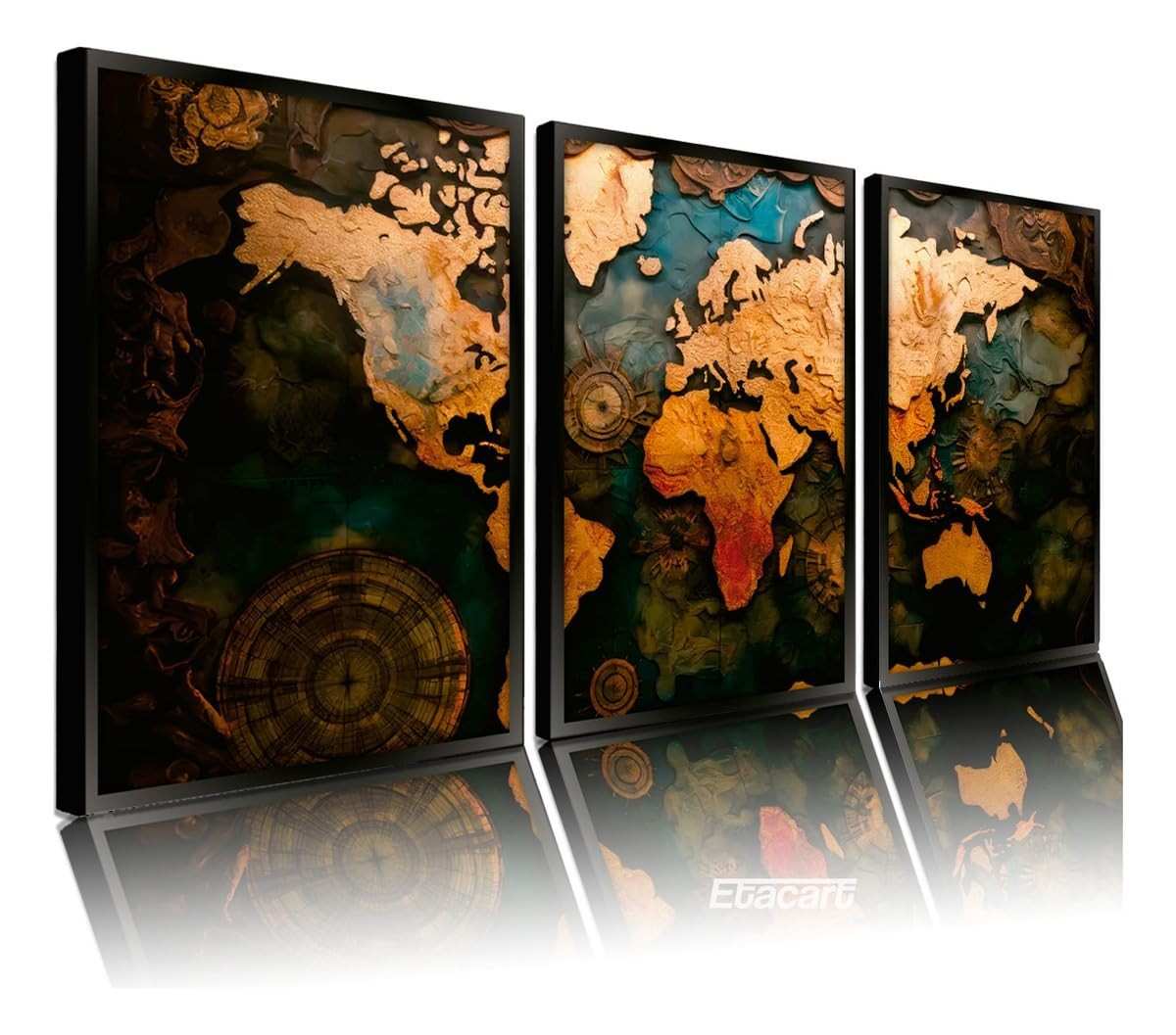 Quadro Decorativo Mapa Mundi 80x60cm - 3 Telas para Sala e Hall