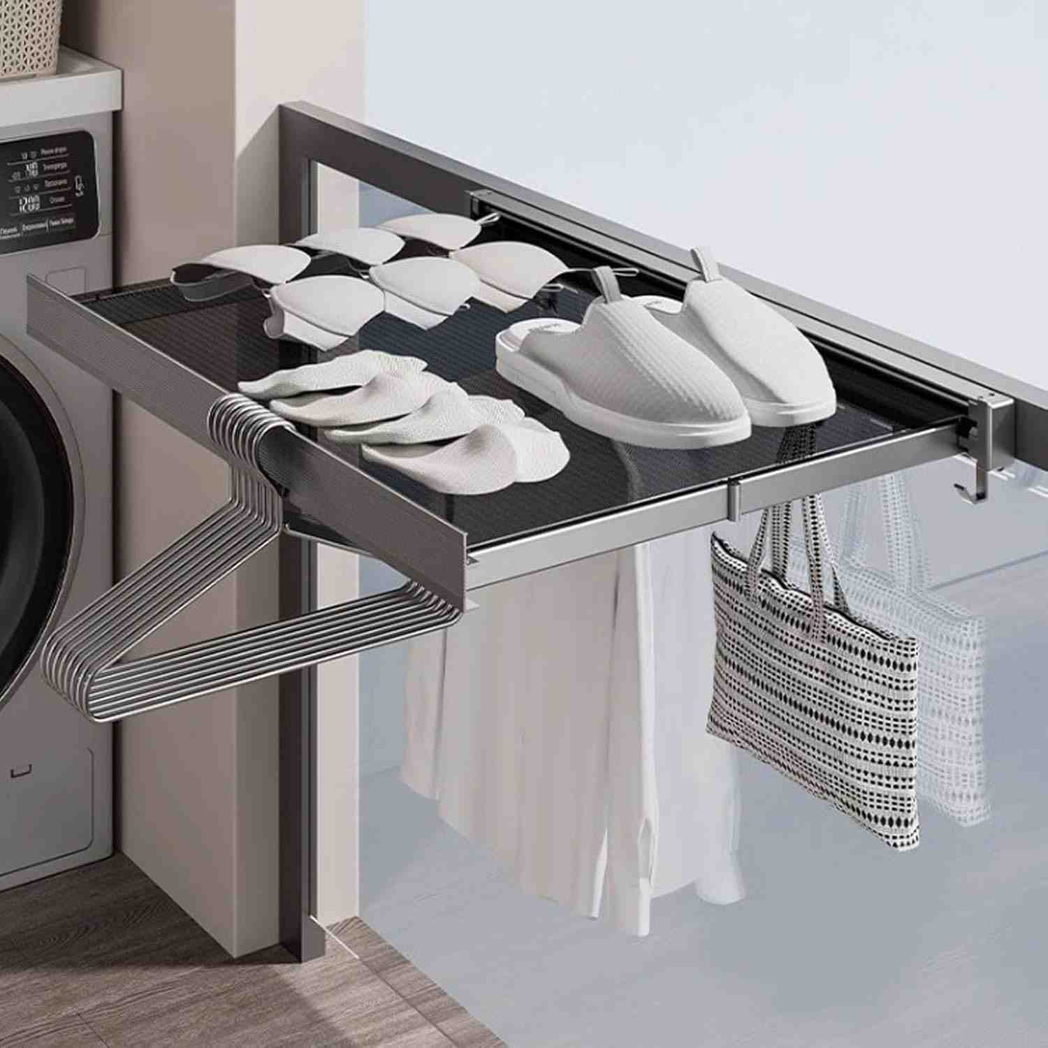 Rack de Secagem Retrátil para Parede com Malha - Solução Dobrável para Lavanderia e Pátio