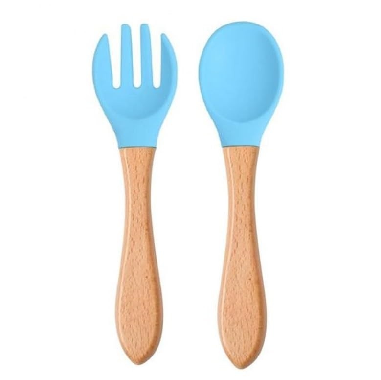 Kit Garfo + Colher de Silicone com Cabo de Madeira para Bebê - Azul
