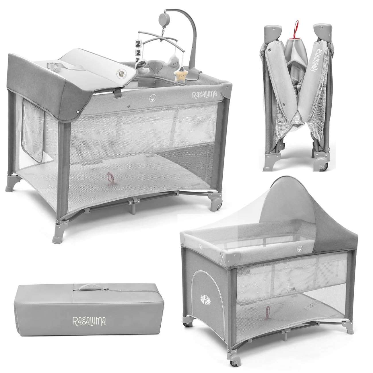 Berço Portátil SleepGuard Dobrável para Bebês - Estrutura Segura e Confortável Ragaluma (Cinza)