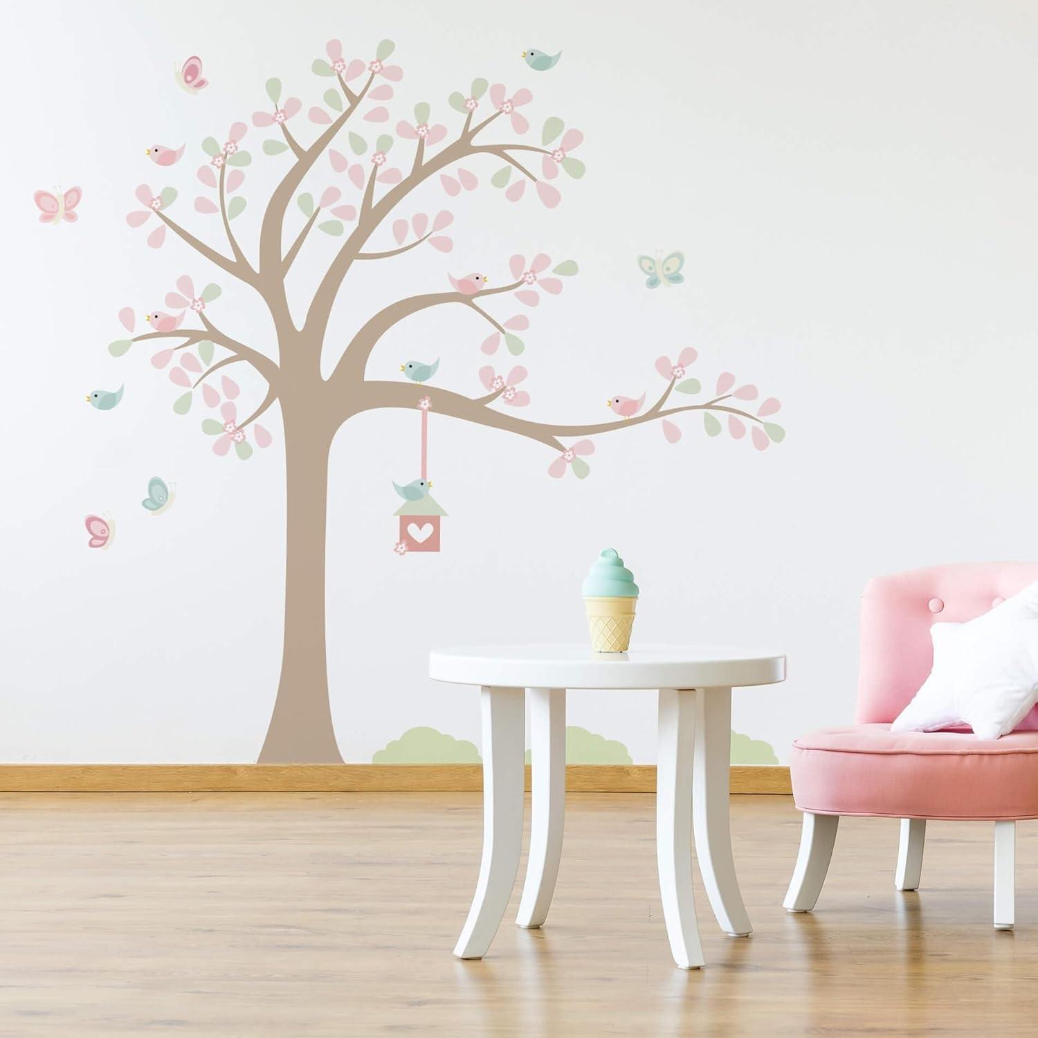 Adesivo de Parede Infantil para Quarto de Meninas - Árvore com Pássaros Coloridos