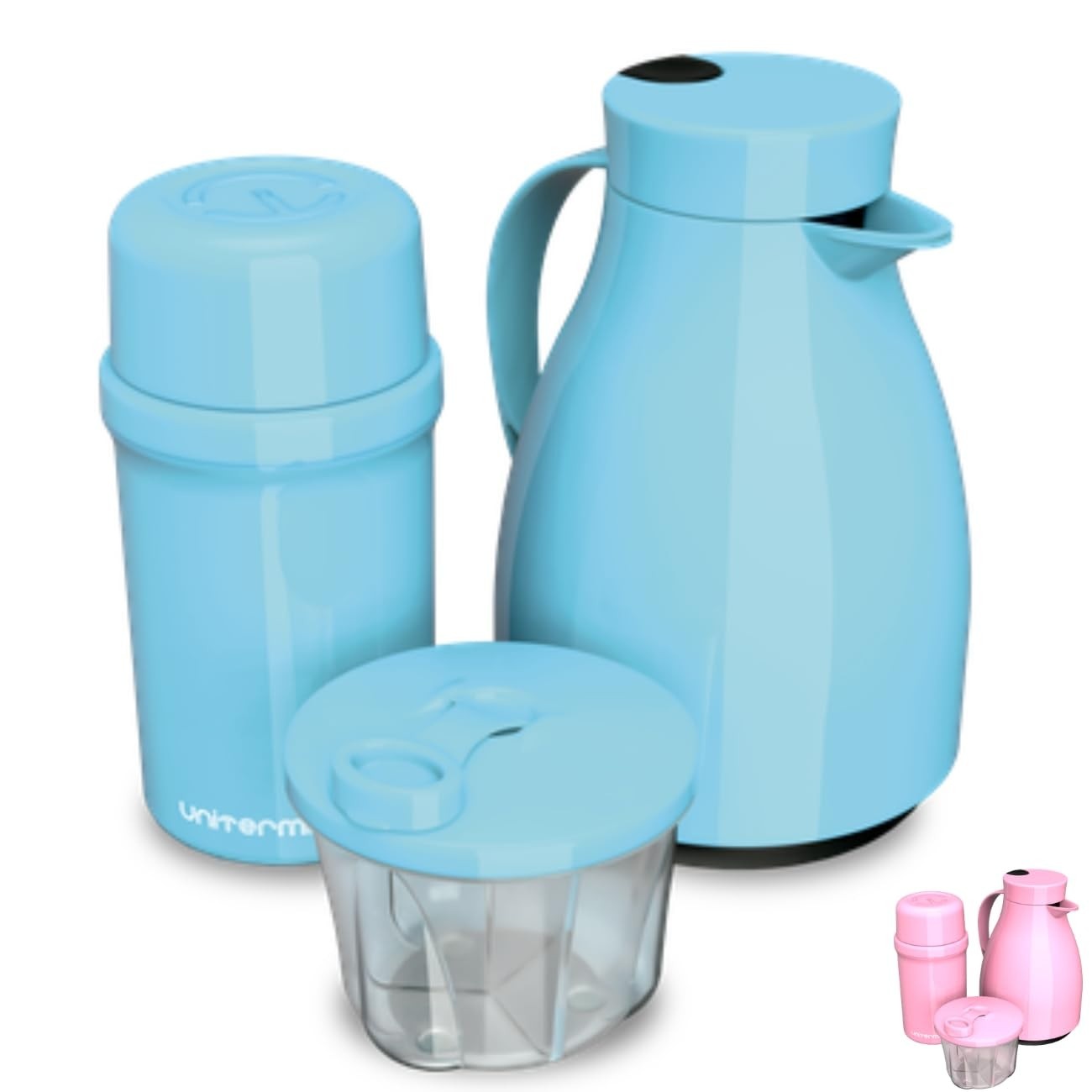 Kit Unibaby 2 Garrafas Térmicas + Porta Leite em Pó - Conforto e Praticidade para o Passeio (Azul)
