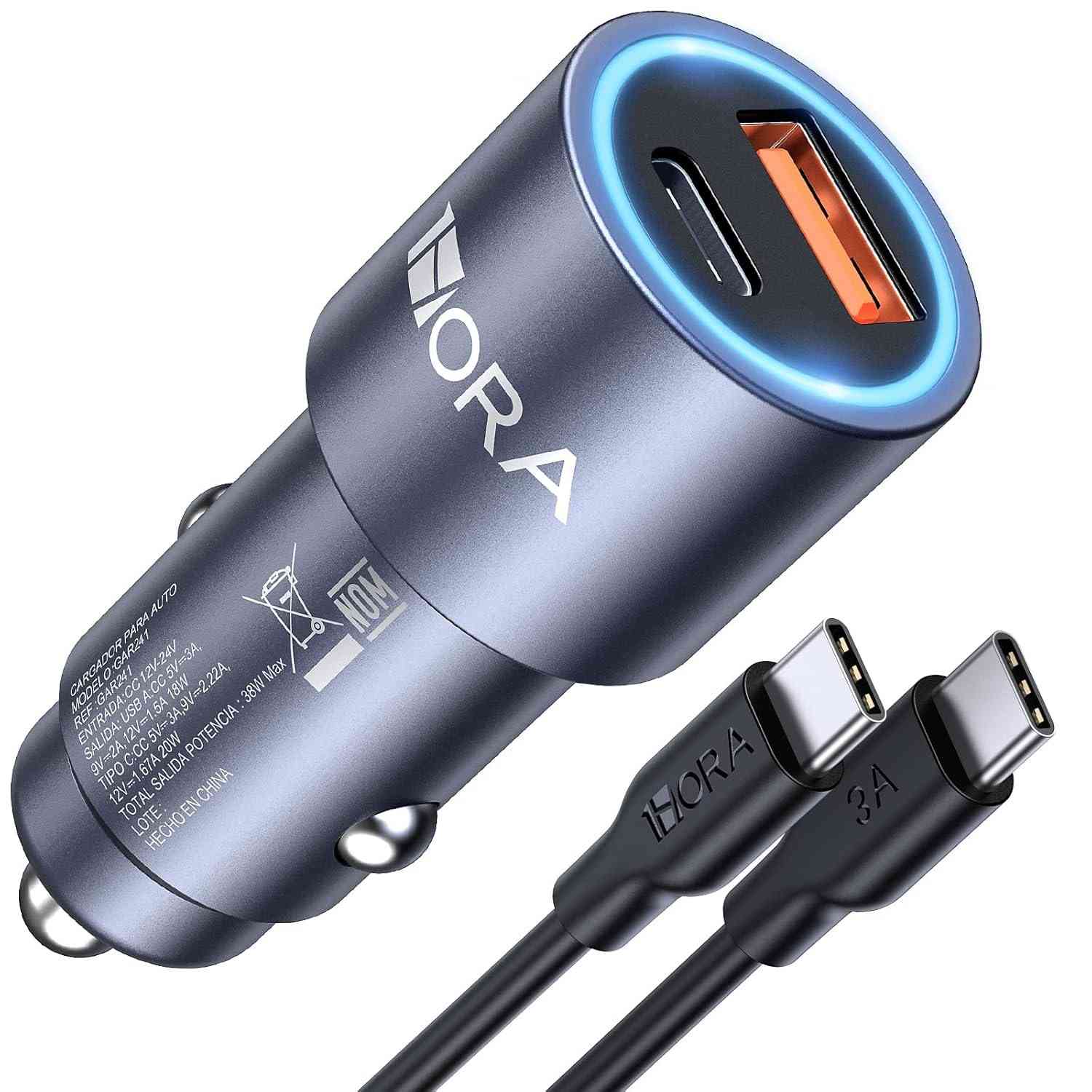 Carregador Veicular 38W USB-C PD/QC + Cabo Tipo C Incluso - Azul Rápido