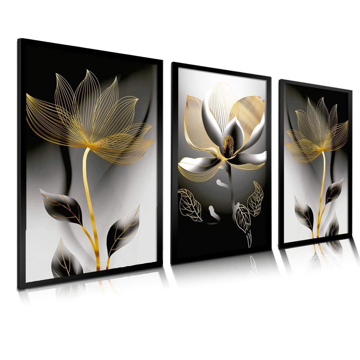 Quadros Decorativos Luxo Flor de Luz em Ouro Preto - 3 Peças 40x60cm - MDF Premium para Sala e Hall