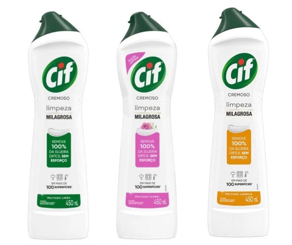 Kit 3 Cif Cremoso Laranja, Floral e Limão 450ml - Limpeza Potente e Perfumada