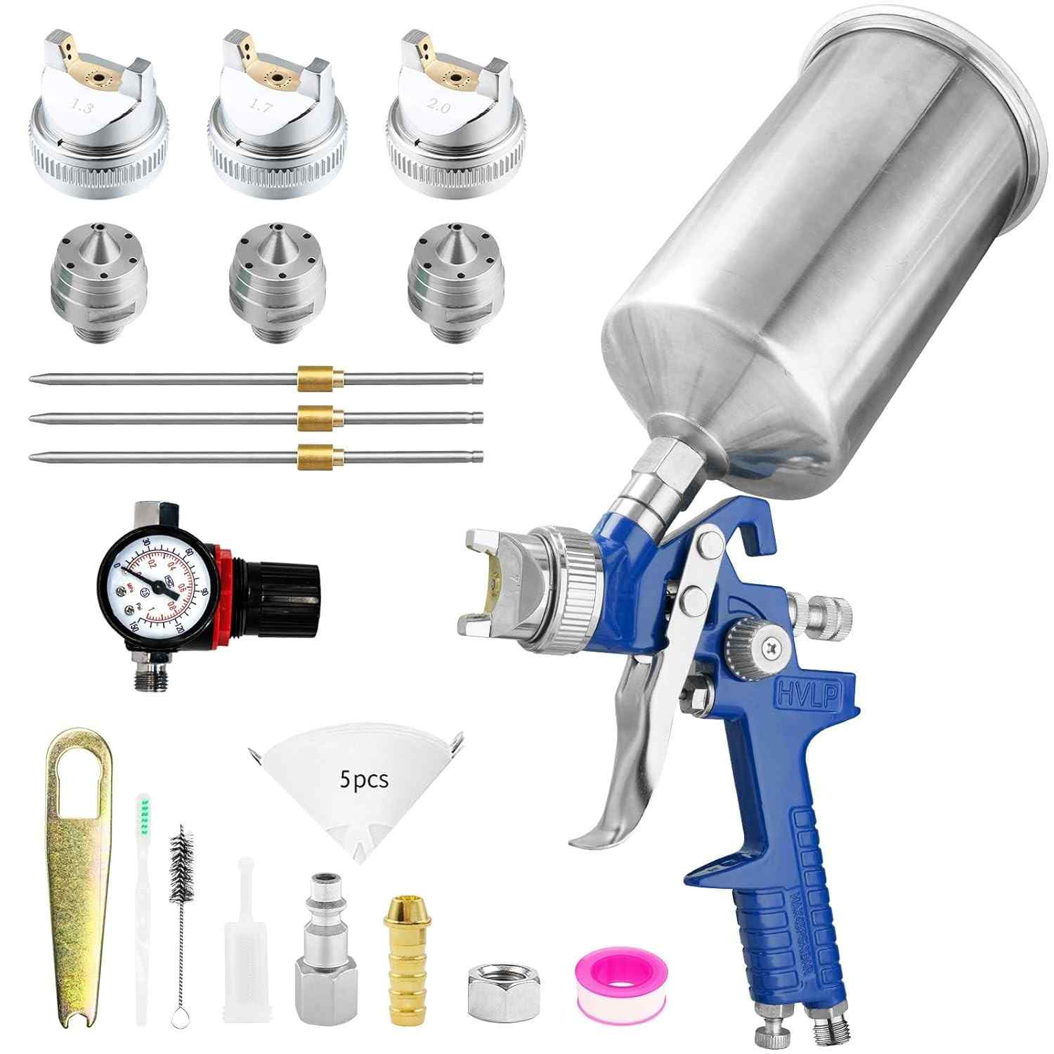 Pistola de Pintura HVLP com Regulador - Bicos 1,3/1,7/2,0 mm, 1000 cc - Pulverizador Profissional para Automotivo, Móveis e Cercas