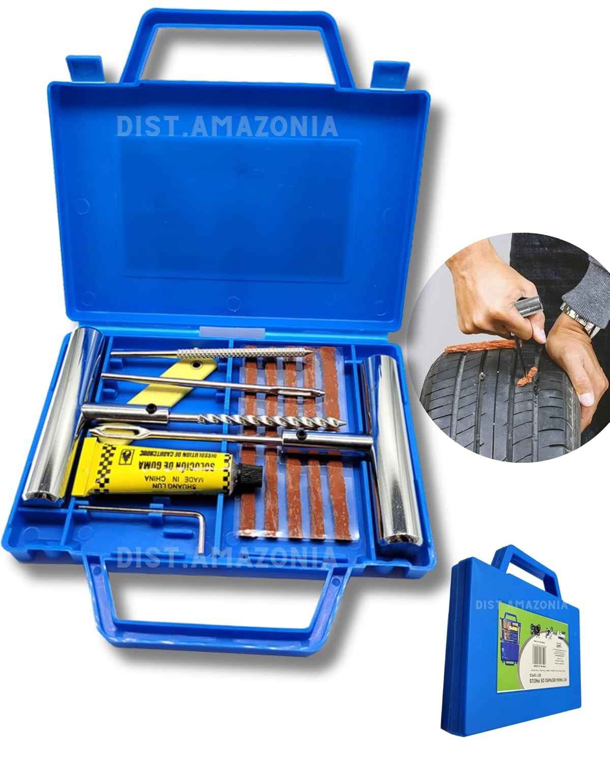 Kit Essencial: Reparo Rápido de Pneus com Maleta e Macarrão para Carros e Motos