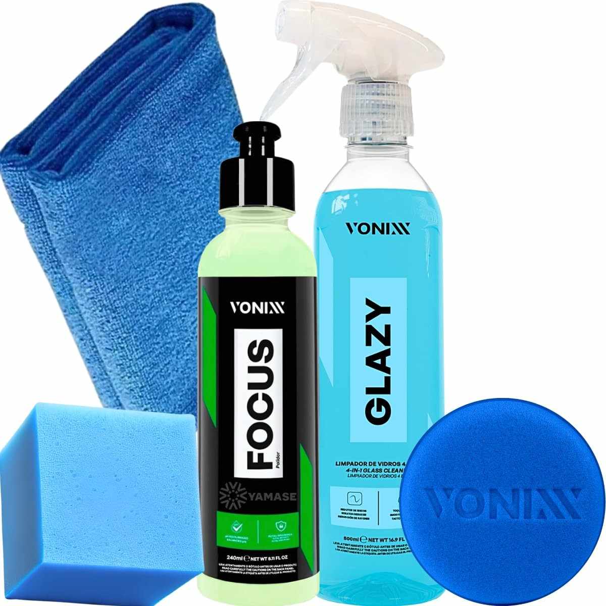 Kit Limpeza Vidros Vonixx: Polidor Focus, Glazy, Pano Microfibra e Aplicador - Brilho Impecável!