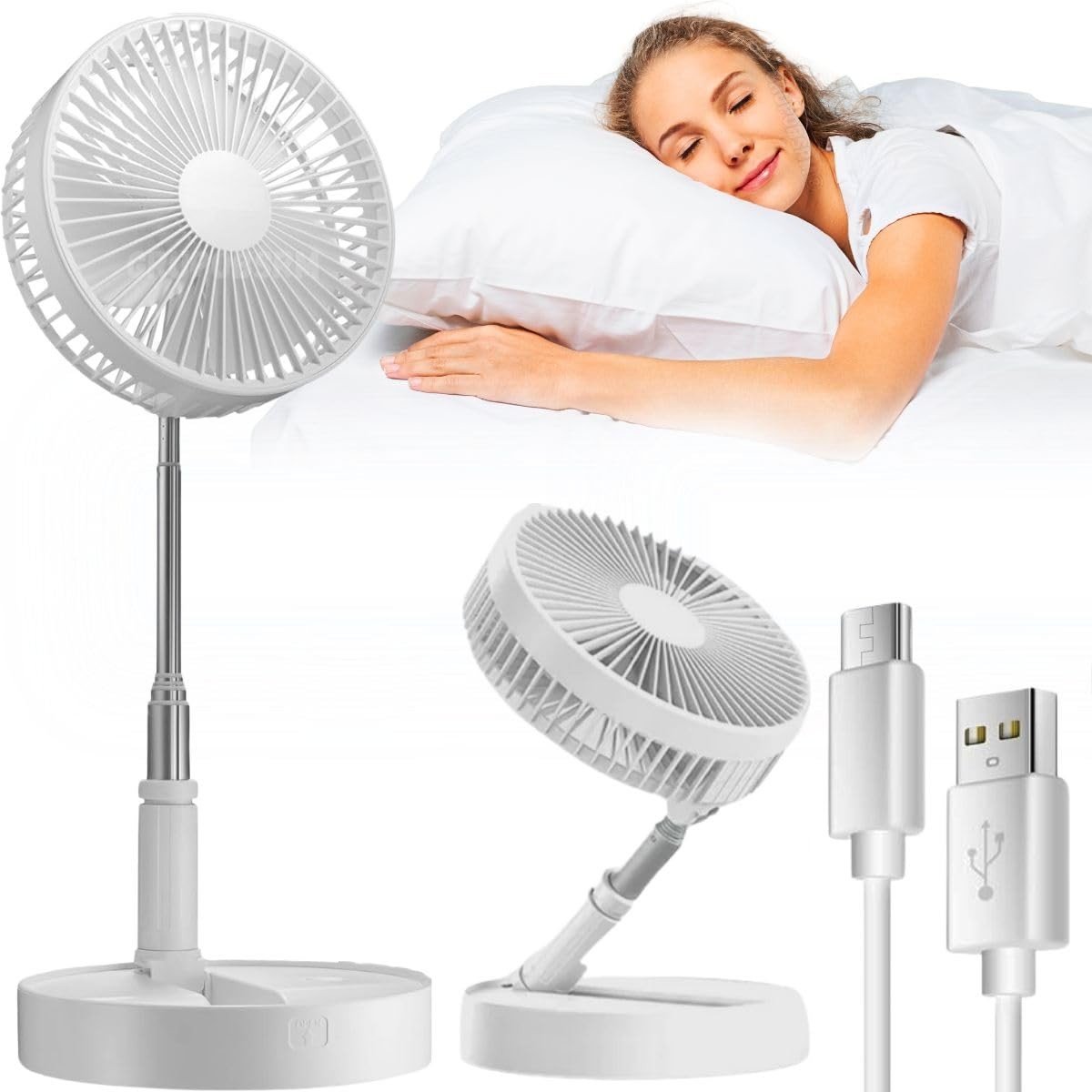 Ventilador Portátil Dobrável Silencioso 4 Velocidades com Bateria Recarregável Bivolt - Ideal para Dormir e Ambientes Compactos