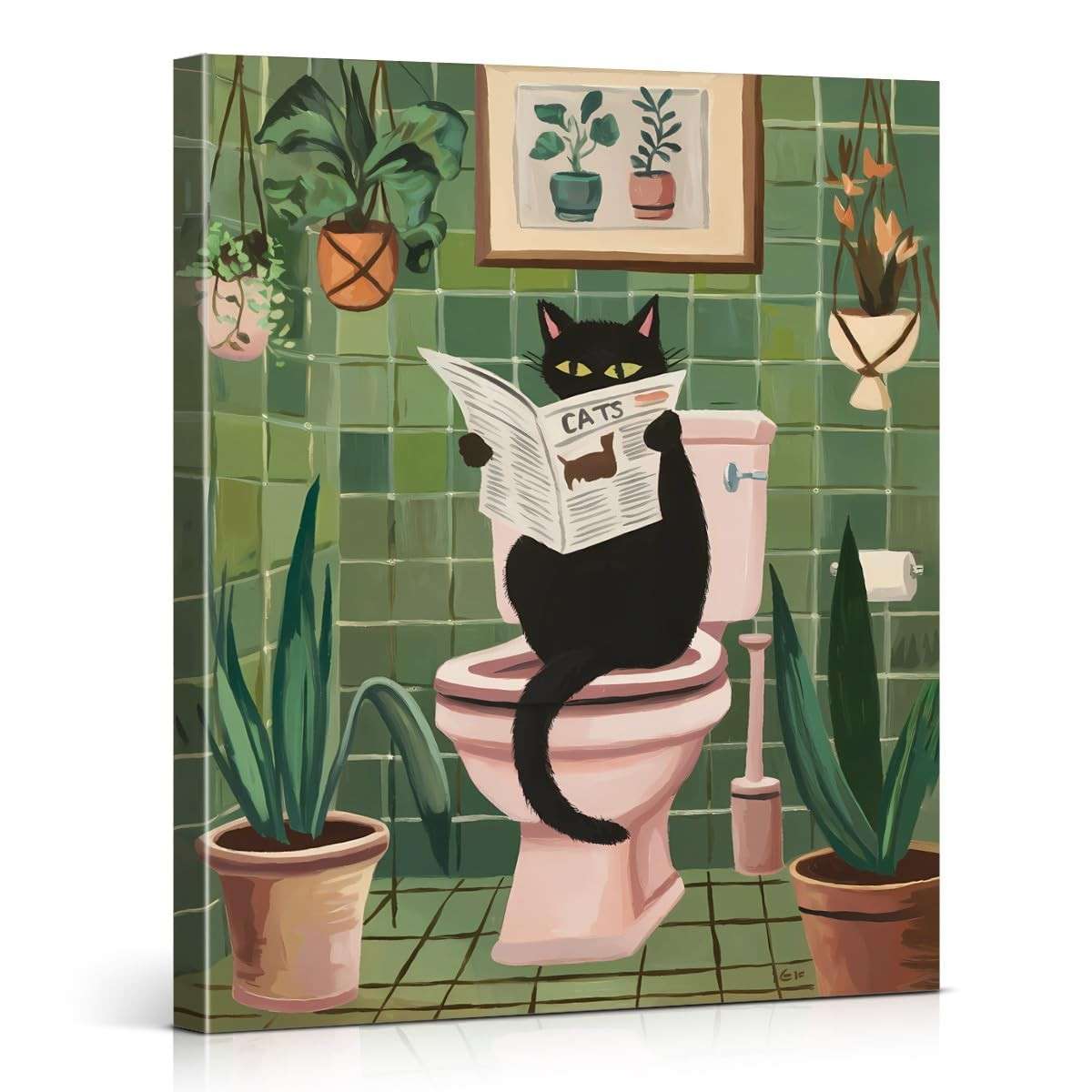 Pôster Engraçado Gato Preto Lendo Jornal - Arte de Parede para Banheiro 20x25cm