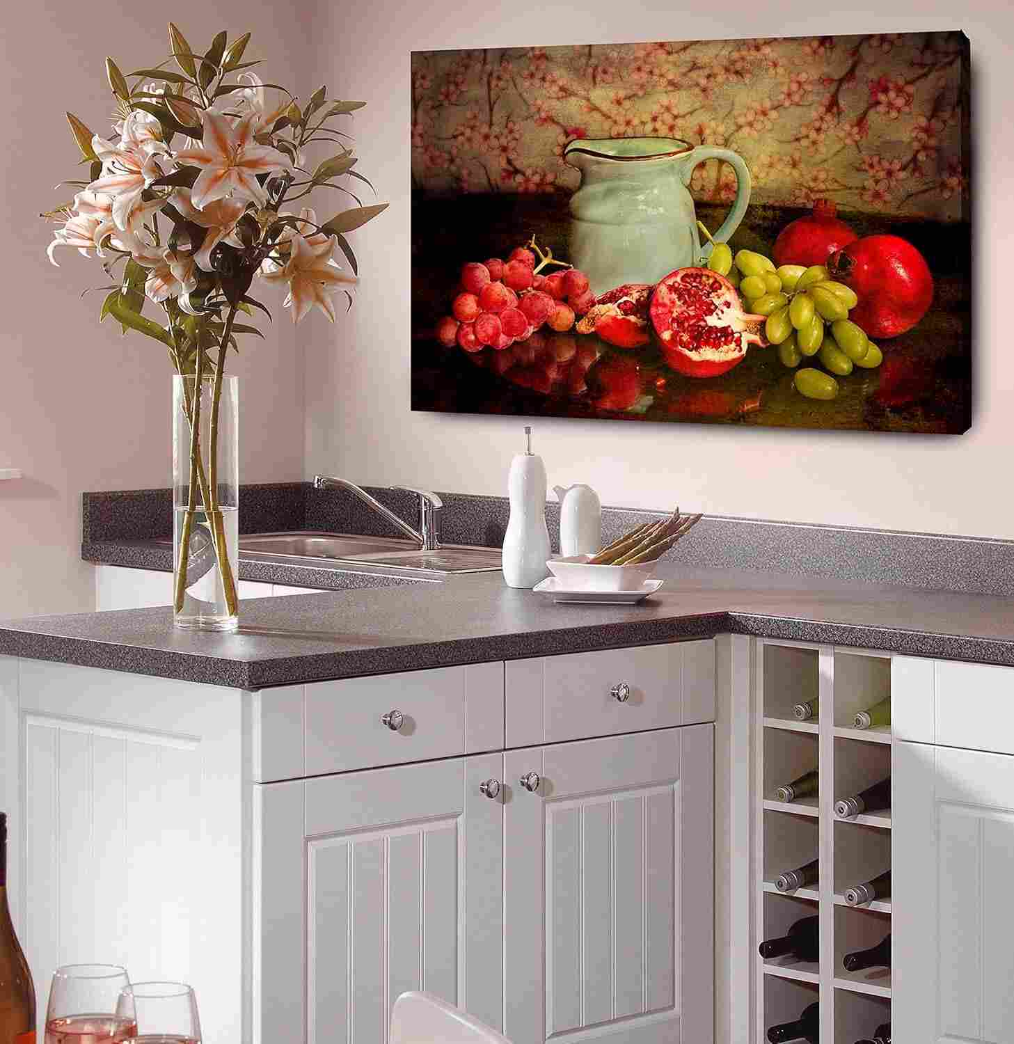 Quadro Decorativo para Cozinha - Jarro com Romãs em Fundo Escuro | Painel 55x100cm