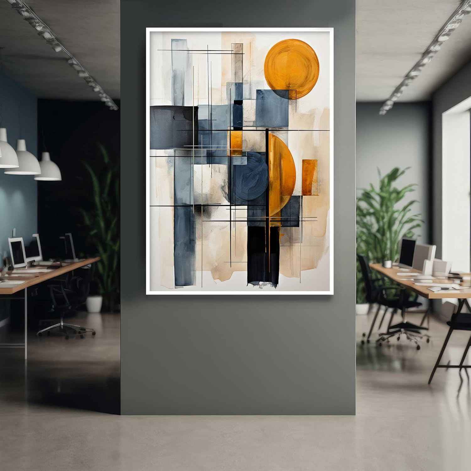 Quadro Decorativo Abstrato Bege Laranja Azul com Moldura - Arte Moderna para Sala e Quarto