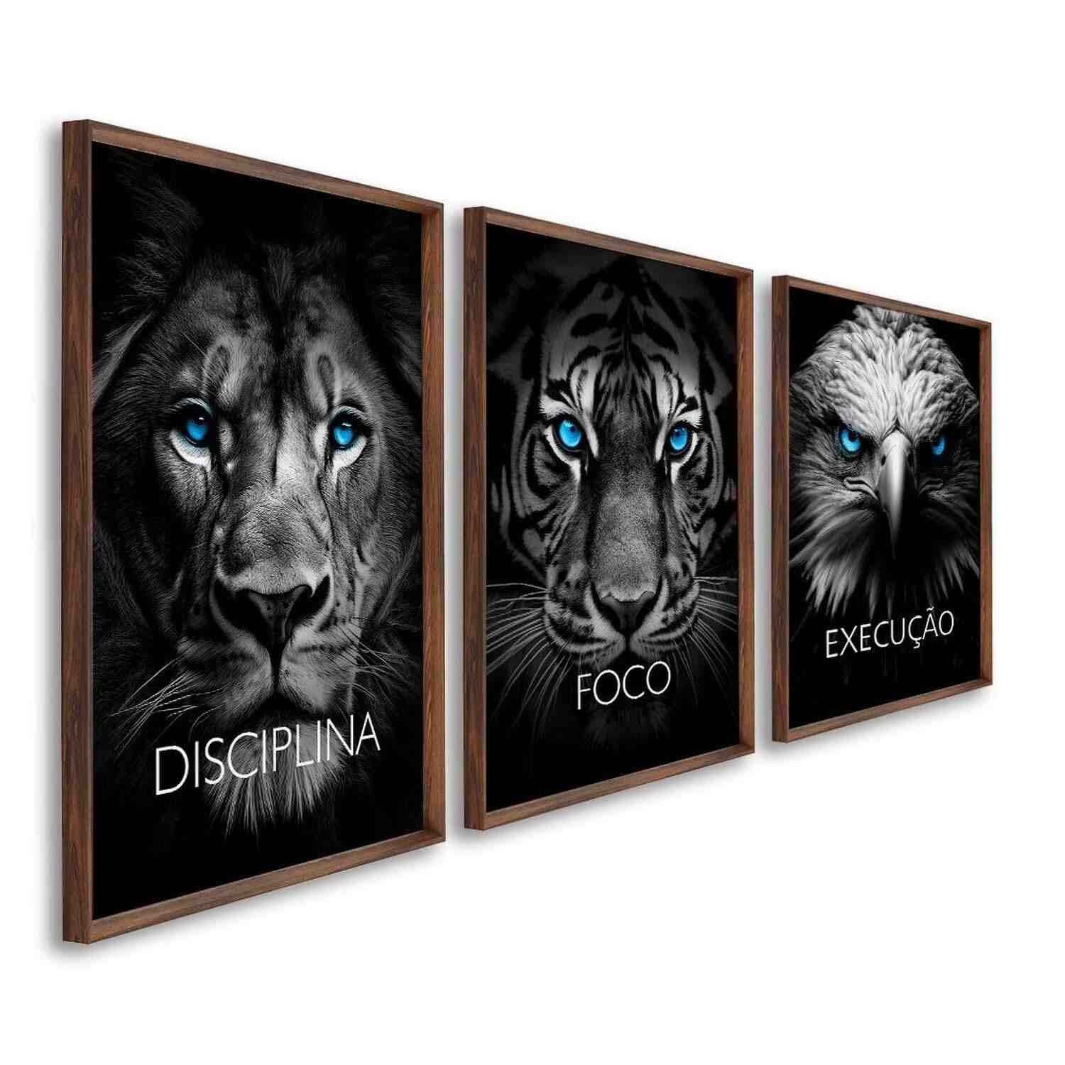 Quadro Trio Motivacional Leão, Tigre e Águia - Disciplina, Foco e Execução | 60x90cm com Vidro