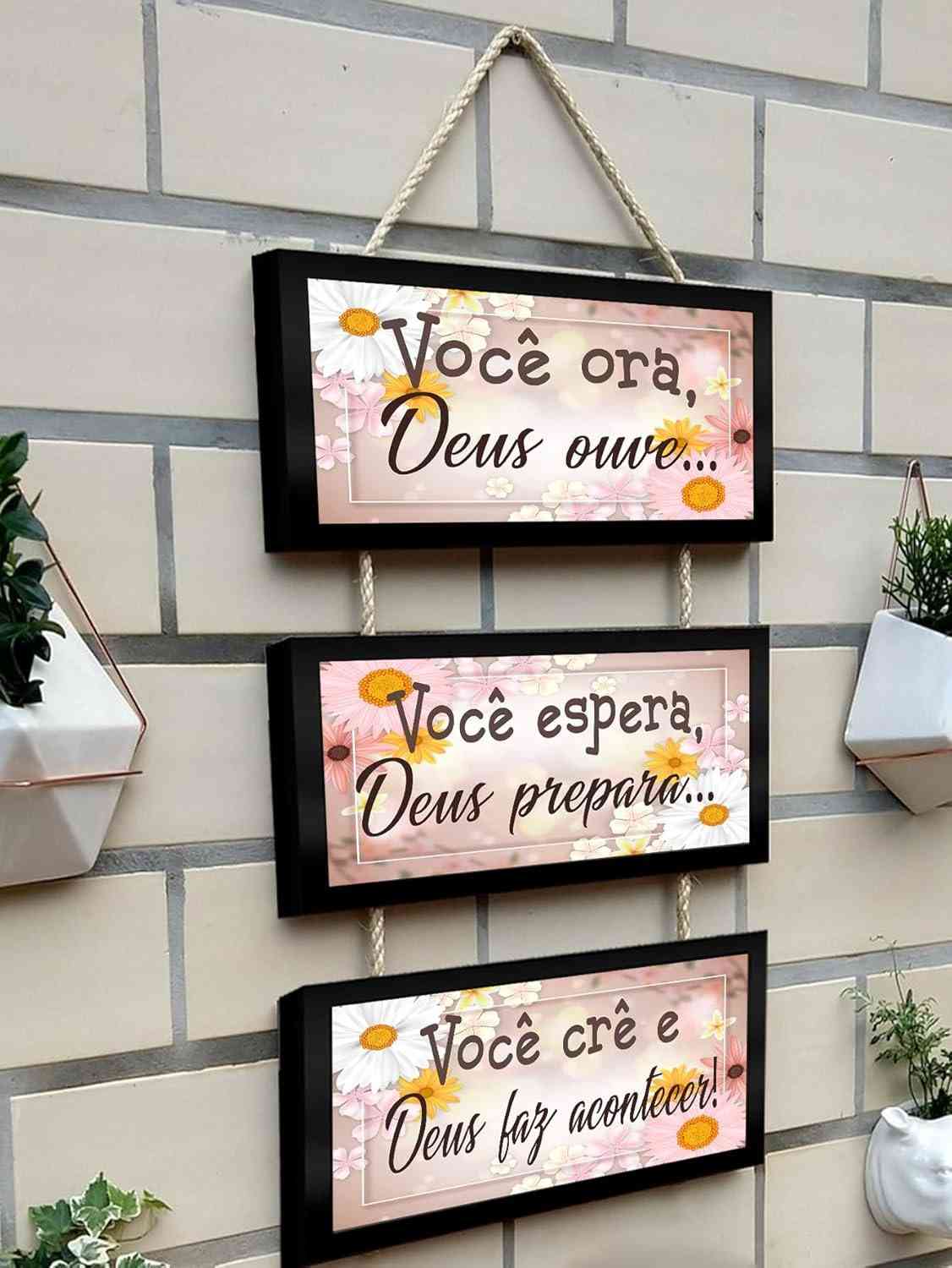 Kit 3 Quadros Decorativos com Frases Inspiradoras - Moldura Preta e Cordas