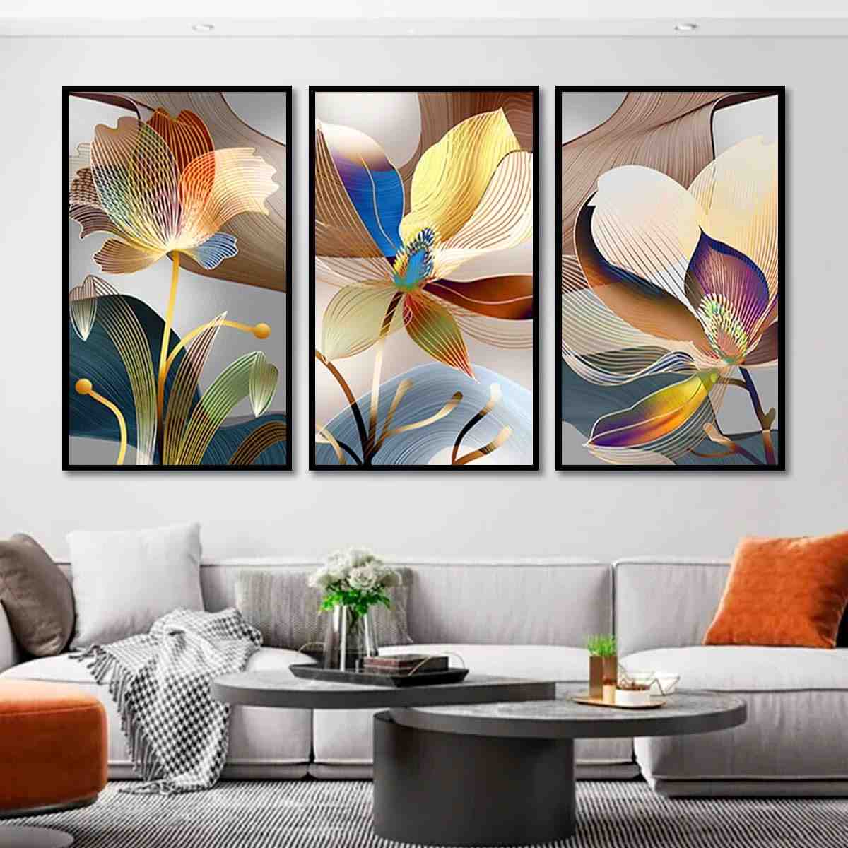 Kit com 3 Quadros Decorativos 30x50 cm Floral Vibrante com Moldura Preta - Ideal para Sala, Quarto e Hall