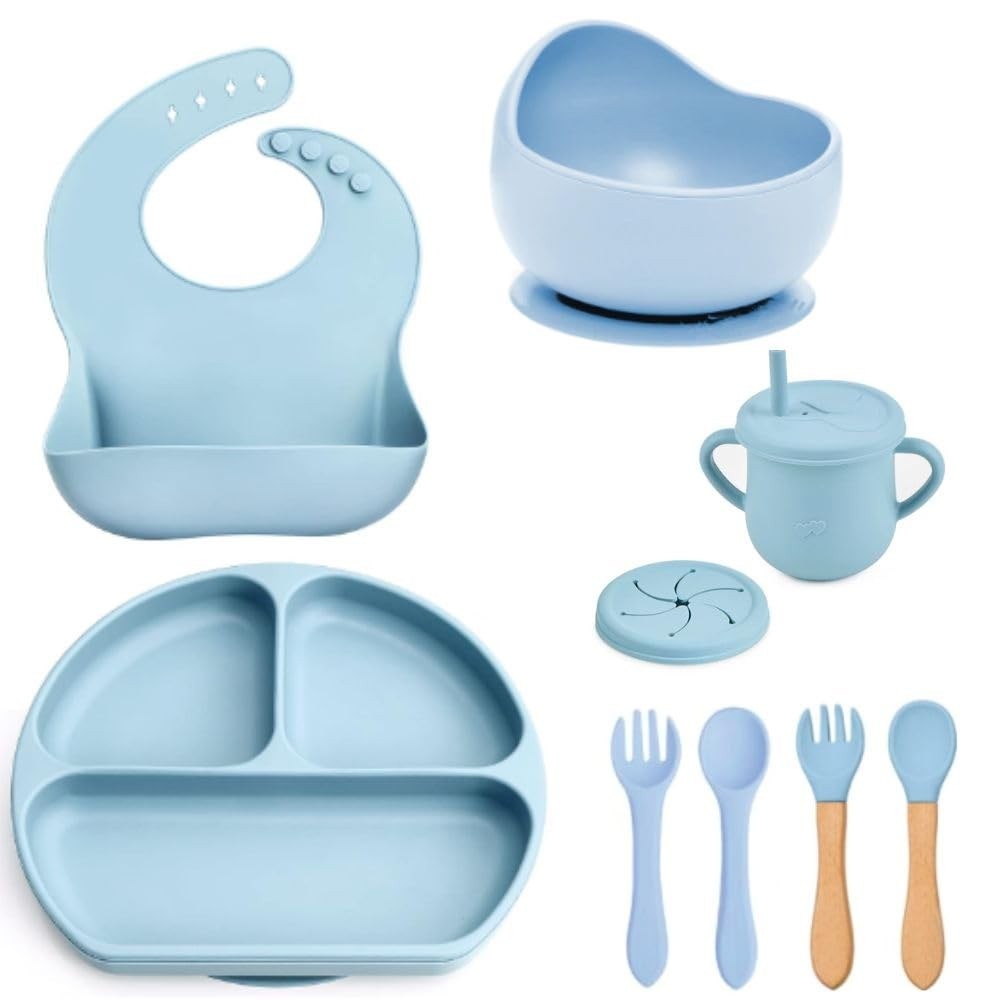 Kit Refeição Silicone para Bebês - 10 Peças com Ventosa, Prato, Copo e Talheres Seguros para Introdução Alimentar