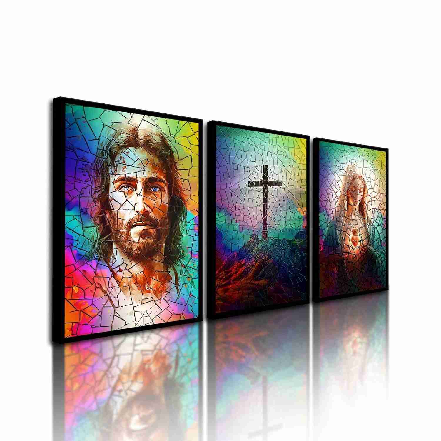 Quadro Decorativo Religioso Jesus Cristo Maria Cruz Sagrada - Kit 3 Peças 50x30cm