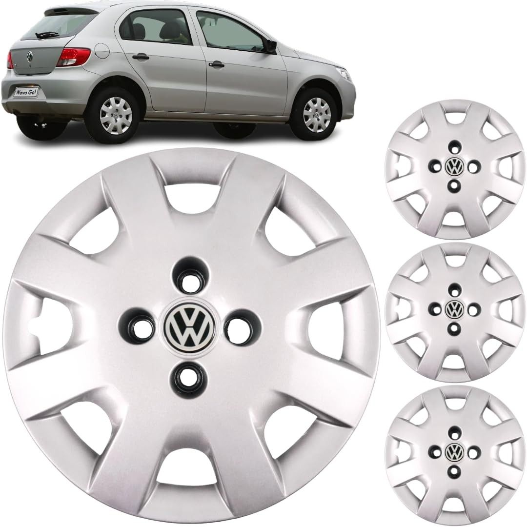 Jogo 4 Calotas Aro 13 VW Gol G5/G6 2008-2014 Grid com Adesivo Logo Resinado