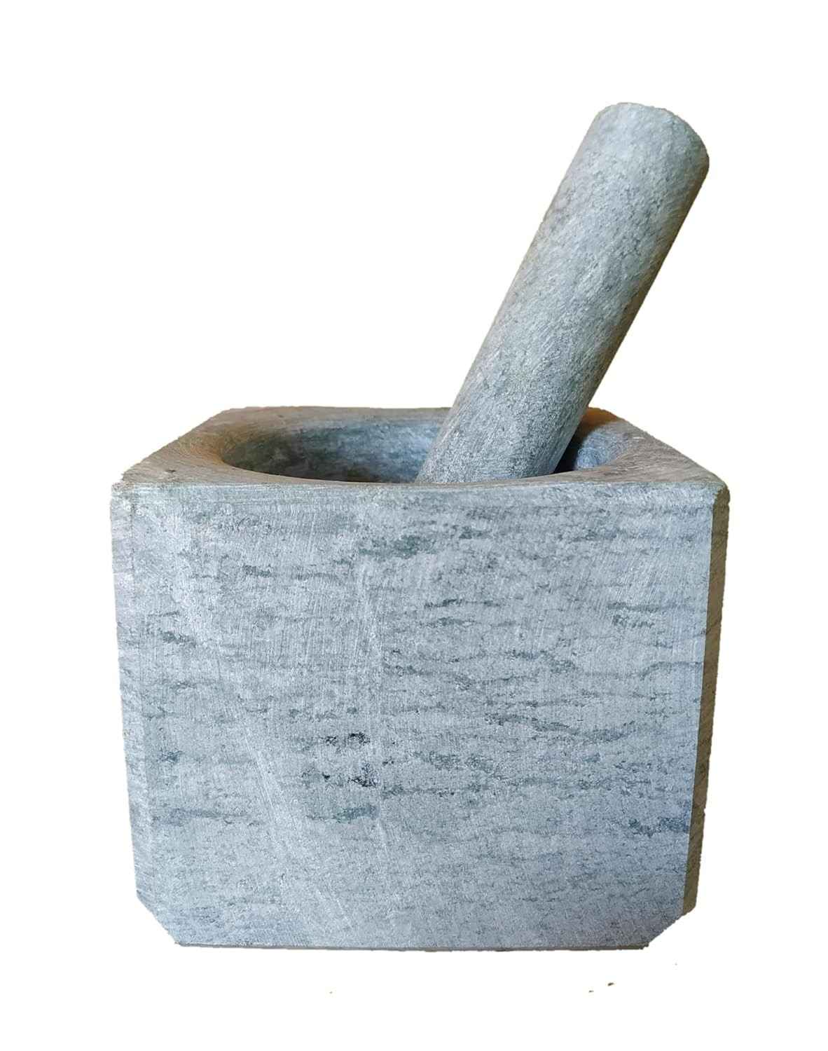 Pilão de Pedra Sabão Resistente - Quadrado com Socador para Cozinha