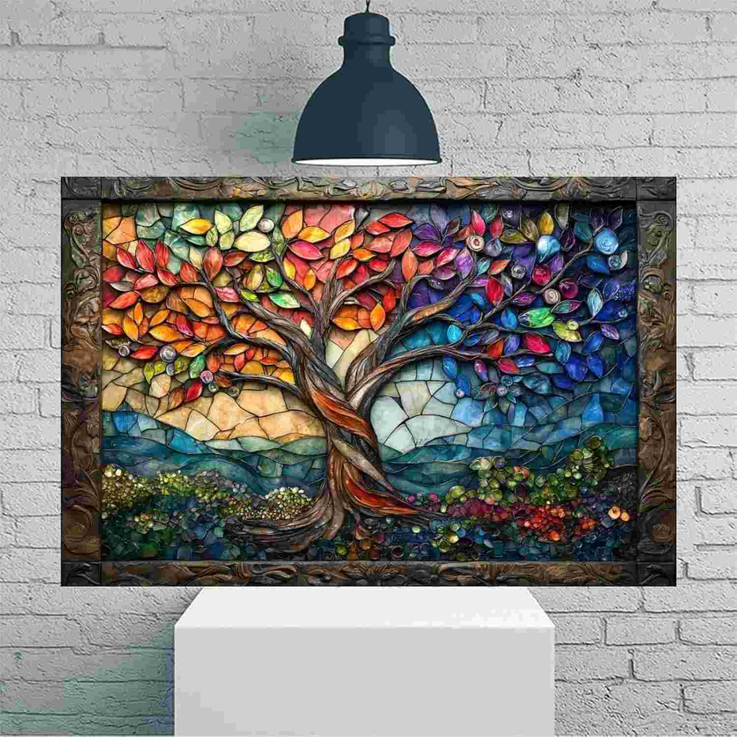 Arte de Parede Tela Rústica Vintage - Árvore da Vida em Mosaico 30x45cm - Decoração Moderna para Casa e Escritório
