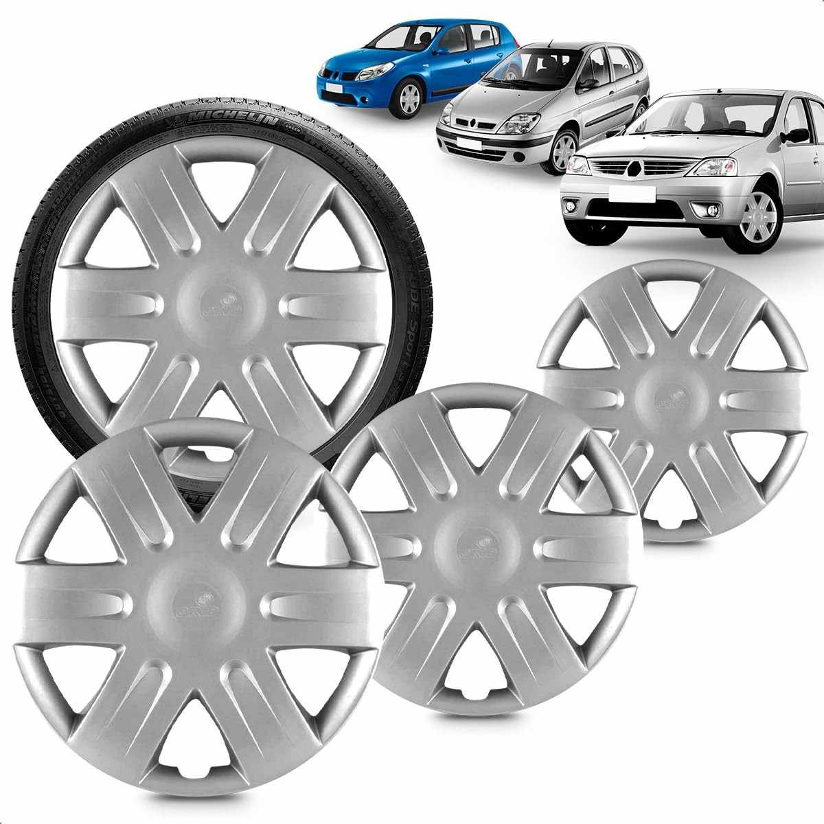 Kit 4 Calotas Sandero Logan Scenic Aro 15 Prata Grid - Design e Proteção