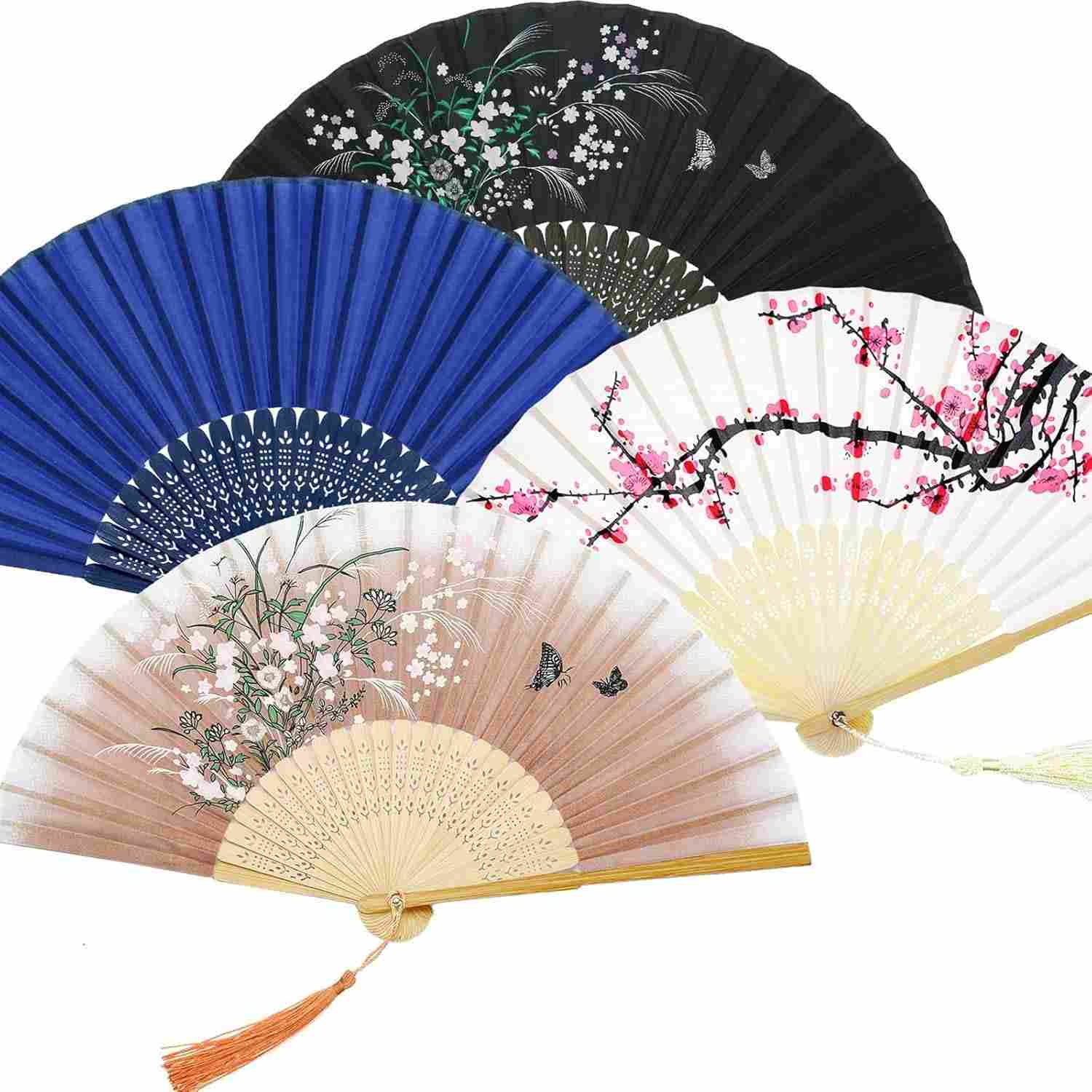 Ventiladores Dobráveis Florais em Bambu e Seda | Leques Portáteis Decorativos com Borla