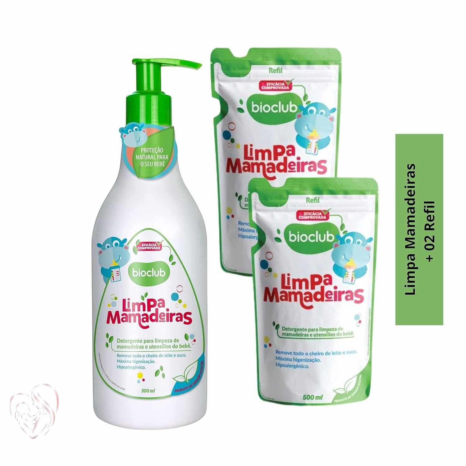 Detergente Limpa Mamadeiras + 2 Refis BioClub 500ml - Limpeza Natural e Segura para Bebês
