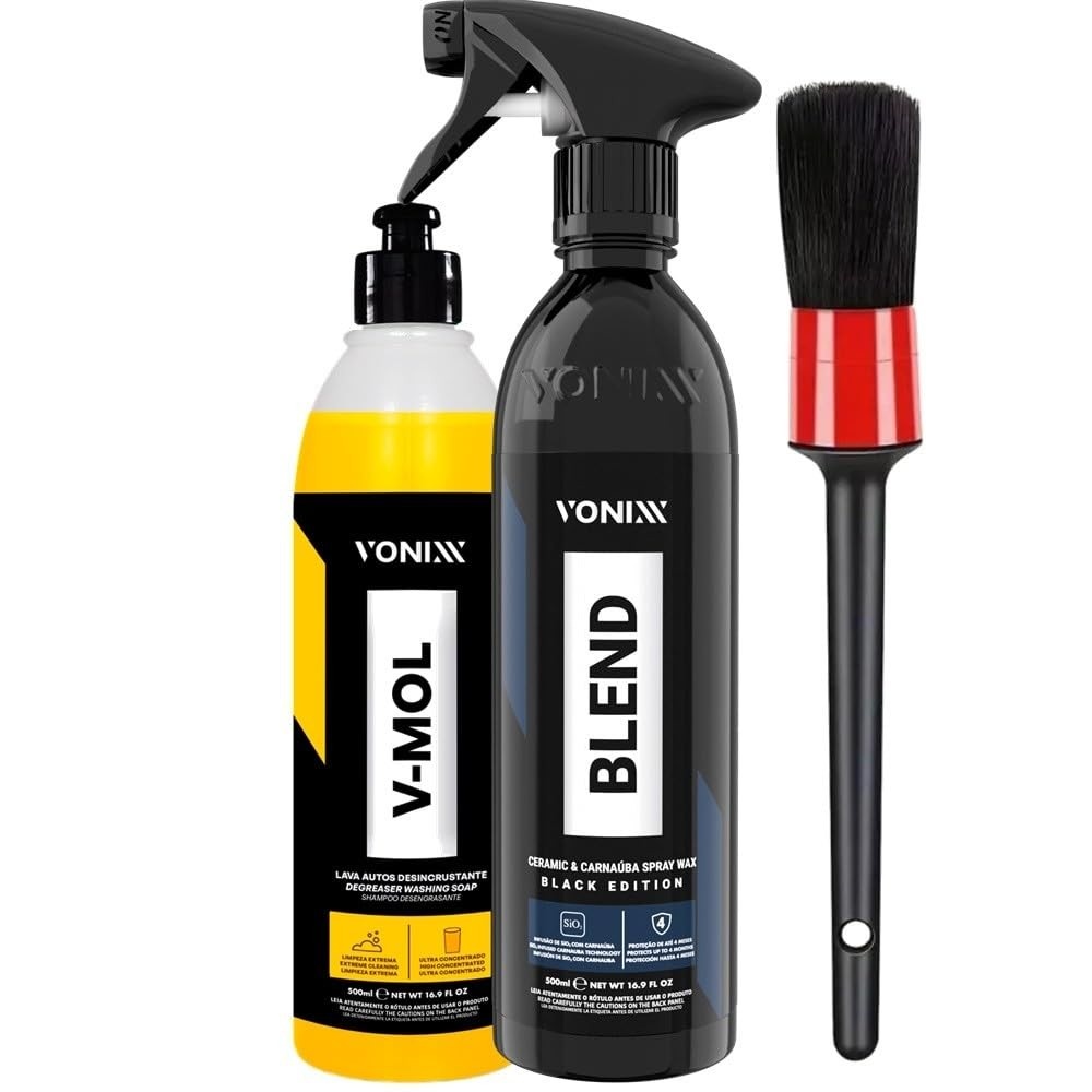 Kit Detalhamento Automotivo Vonixx: Shampoo V-Mol 500ml, Blend Spray Black 500ml e Pincel Karbox