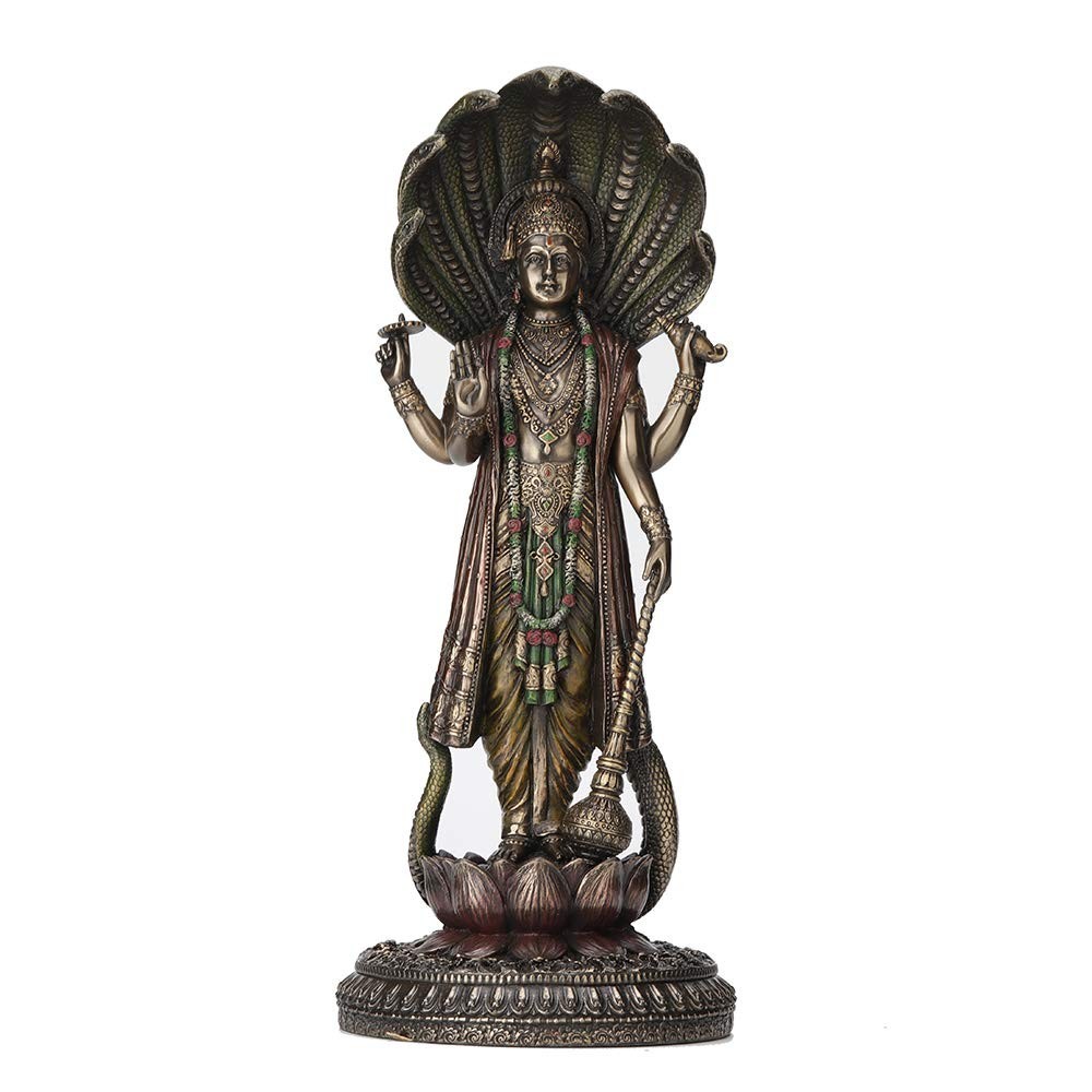 Estátua de Shesha Vishnu em Bronze Antigo - 32,5 cm | Decoração Hindu com Detalhes Pintados à Mão