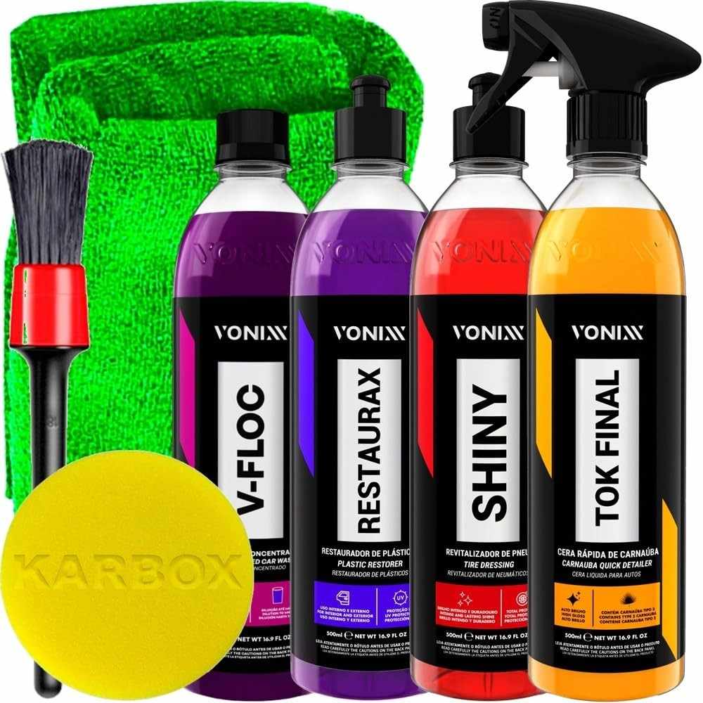 Kit Completo Vonixx: Restaurax, Shiny, Tok Final, V-Floc e Acessórios Karbox para Detalhamento Automotivo