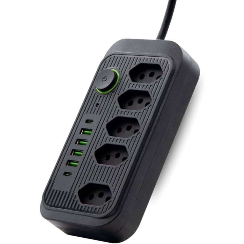 Filtro de Linha Extensão Bivolt 5 Tomadas + 6 USB-C/USB | 2500W Rápido | 1,9m Reforçado
