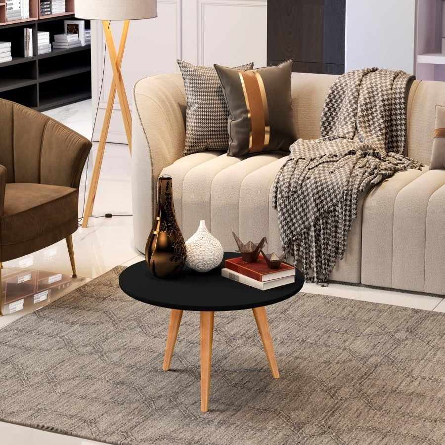 Mesa de Centro Dubai – Design Redondo com Tripé em Madeira para Sala Moderna