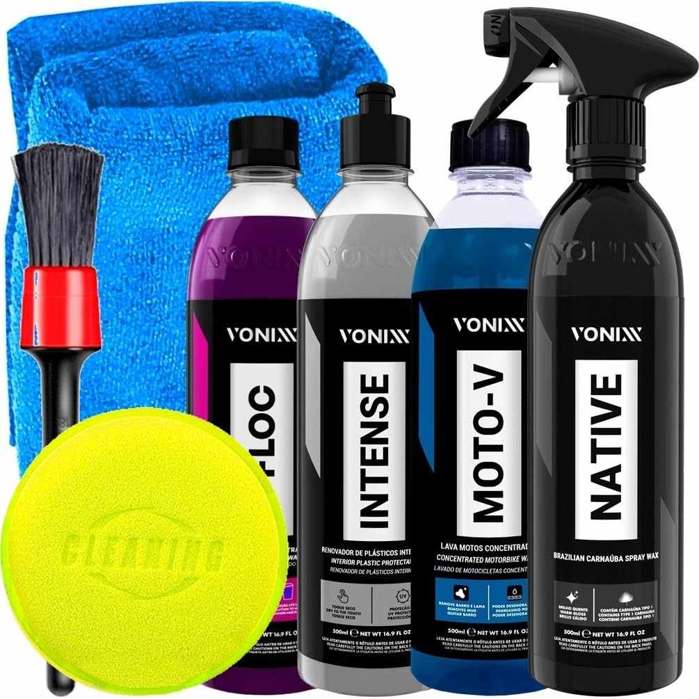 Kit Completo Vonixx: V-Floc, Native Spray, Intense, Moto-V + Acessórios Karbox para Detalhamento Profissional