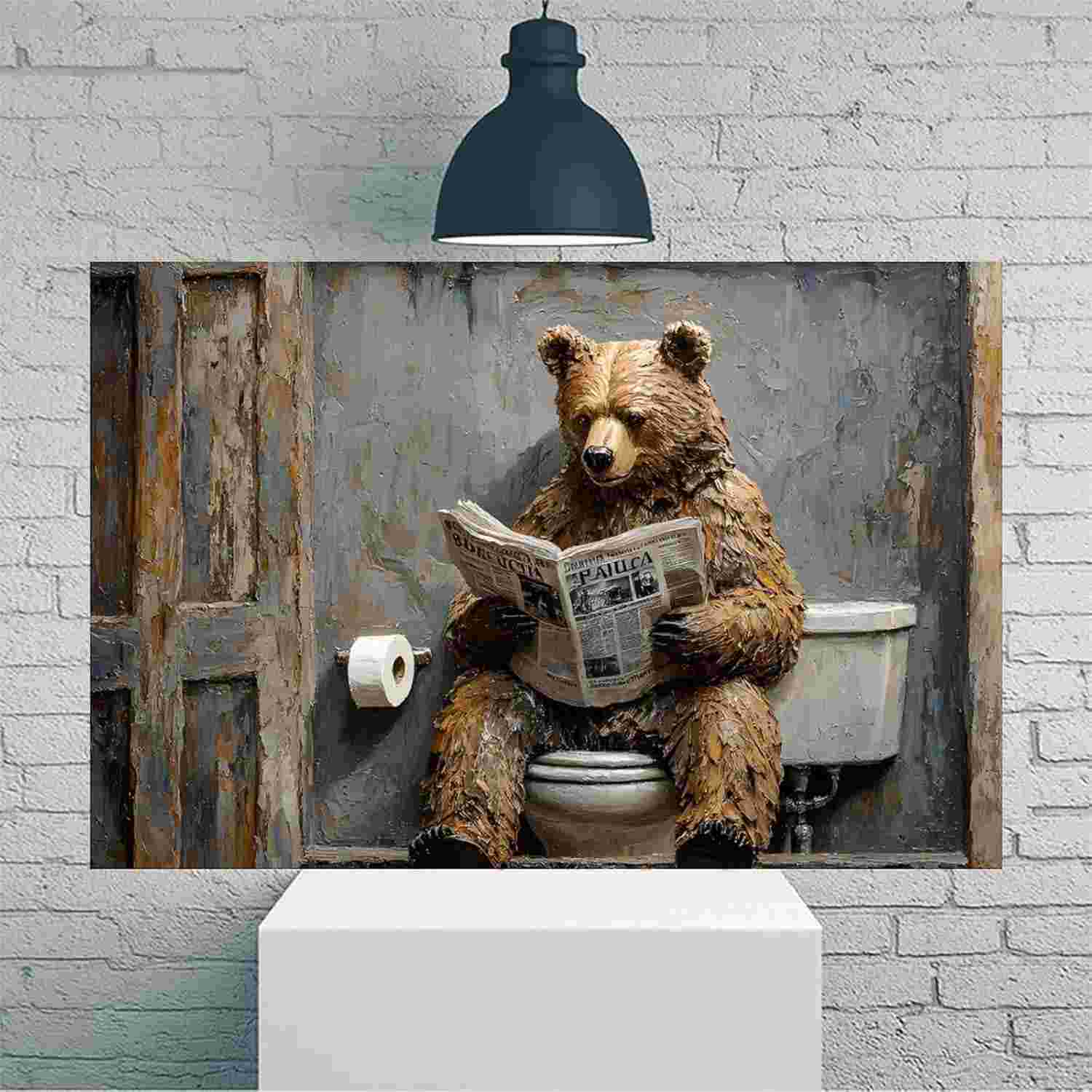 Urso Lendo Jornal no Vaso - Arte de Parede Rústica Vintage 30,5x45,7cm