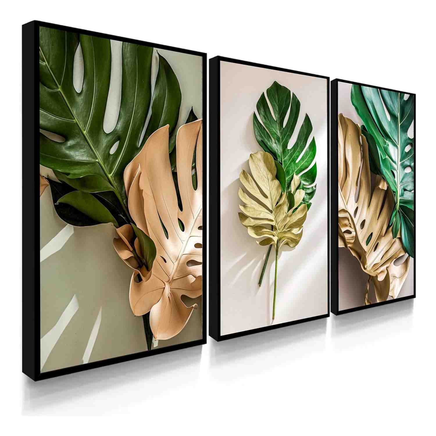 Quadro Decorativo Folhas e Plantas Verdes - Amazonia Gold | Kit 3 Peças com Fita Dupla Face